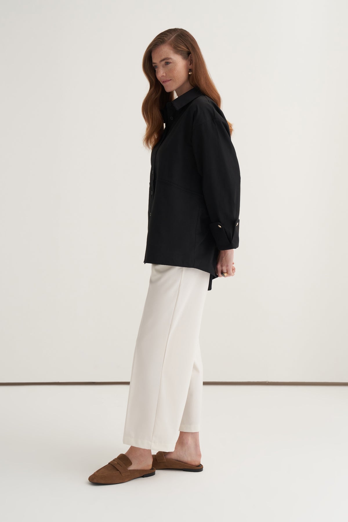 Kadın Oversize Kol Düğmeli Gömlek Siyah