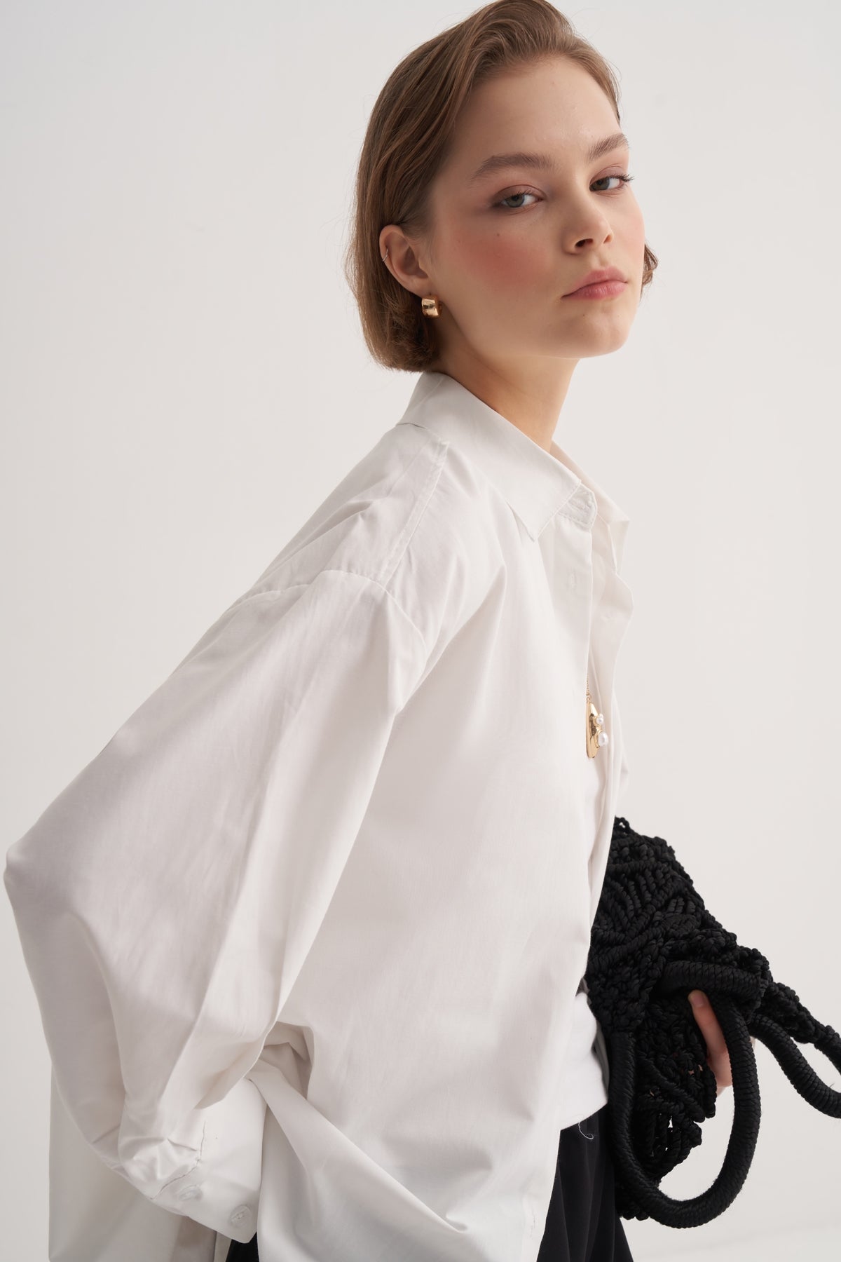 Kadın Poplin Oversize Robalı Gömlek Ekru