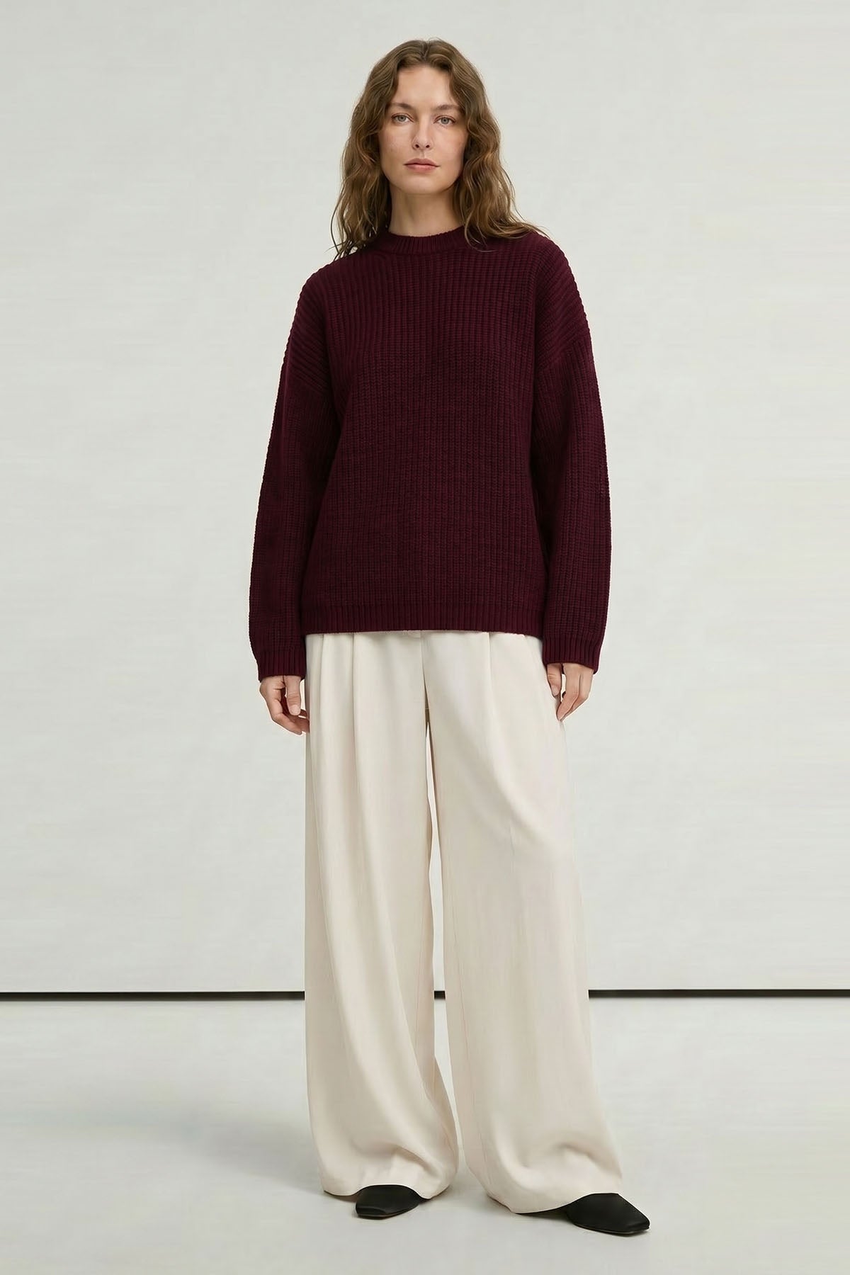 Kadın Oversize Triko Kazak Bordo