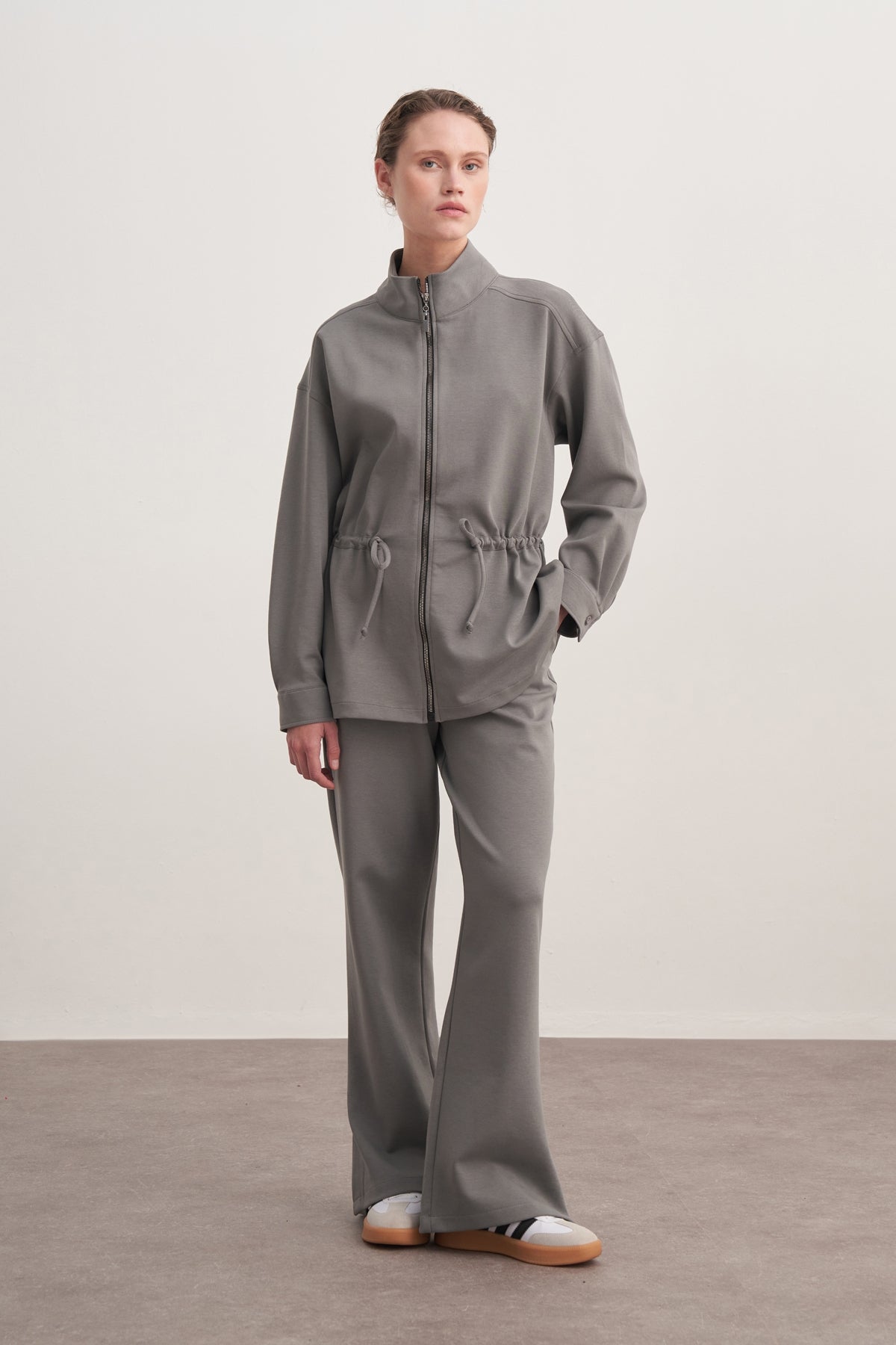 Kadın İnterlok Yandan Yırtmaçlı Palazzo Pantolon Füme