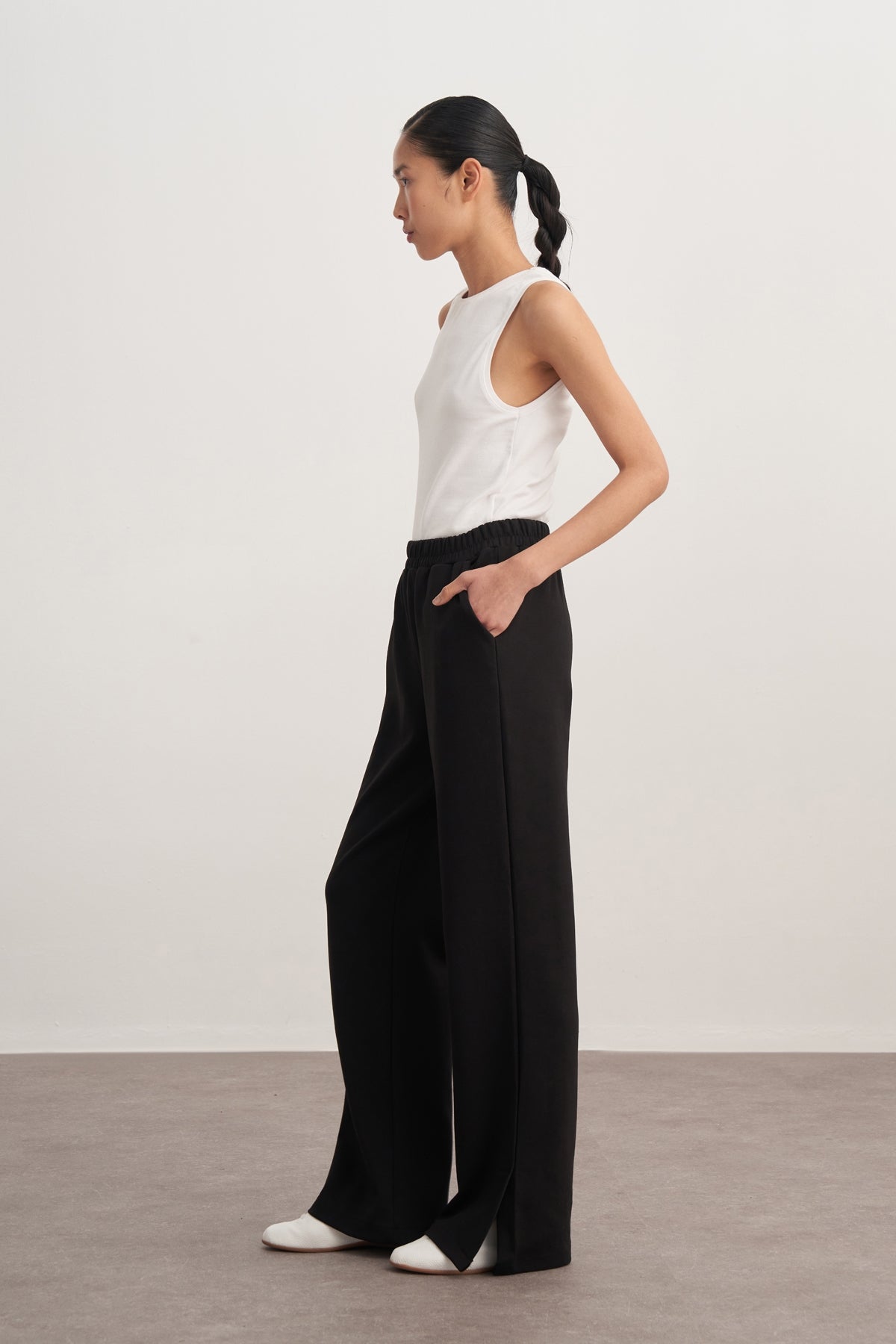 Kadın İnterlok Yandan Yırtmaçlı Palazzo Pantolon Siyah