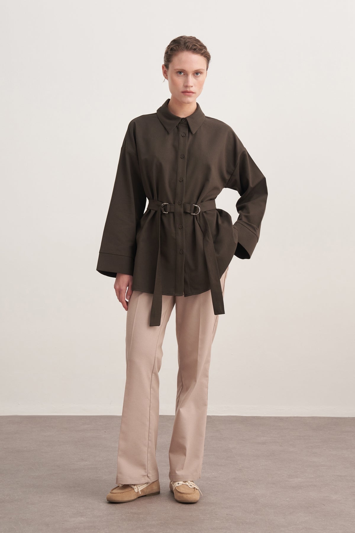 Kadın Gabardin Kemerli Gömlek Haki