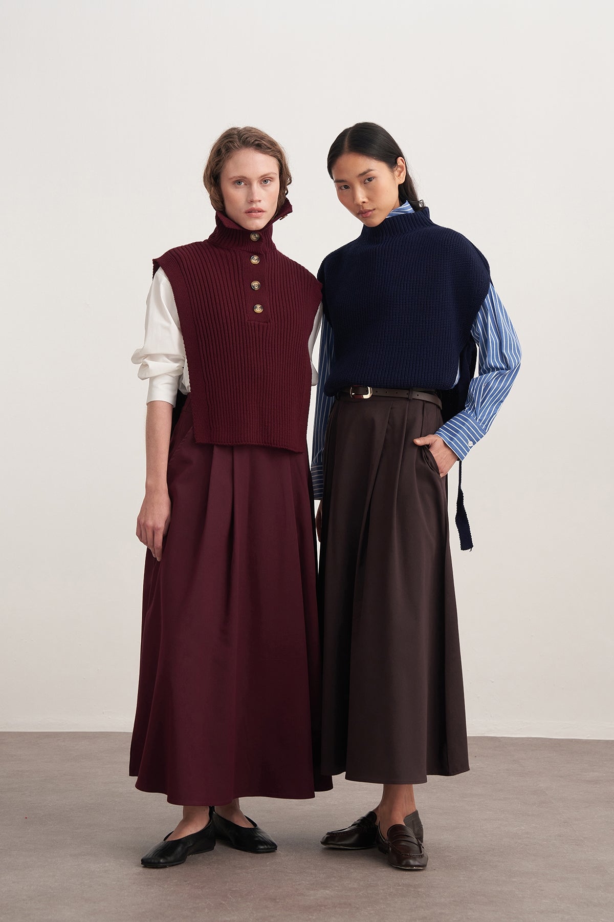 Kadın Gabardin Çift Pile Etek Mürdüm