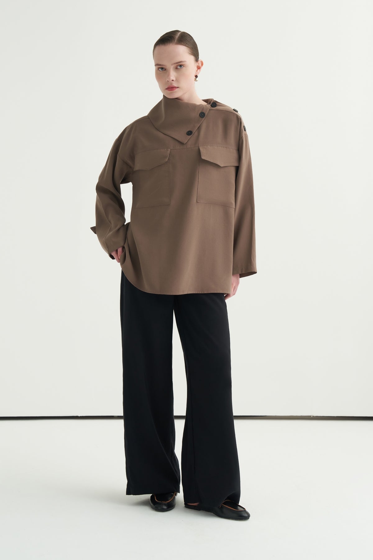 Kadın Modal Düğmeli Bluz Vizon