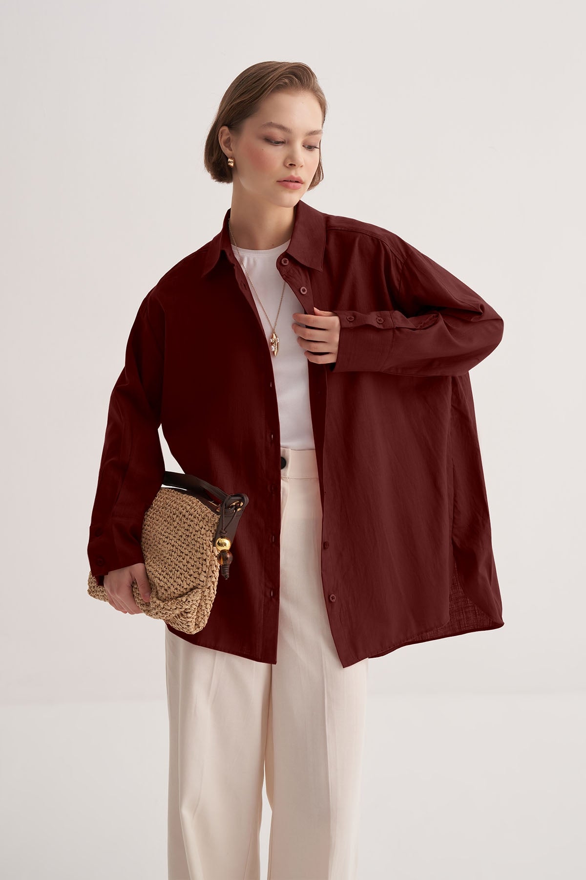 Kadın Organik Pamuklu Oversize Robalı Gömlek Bordo