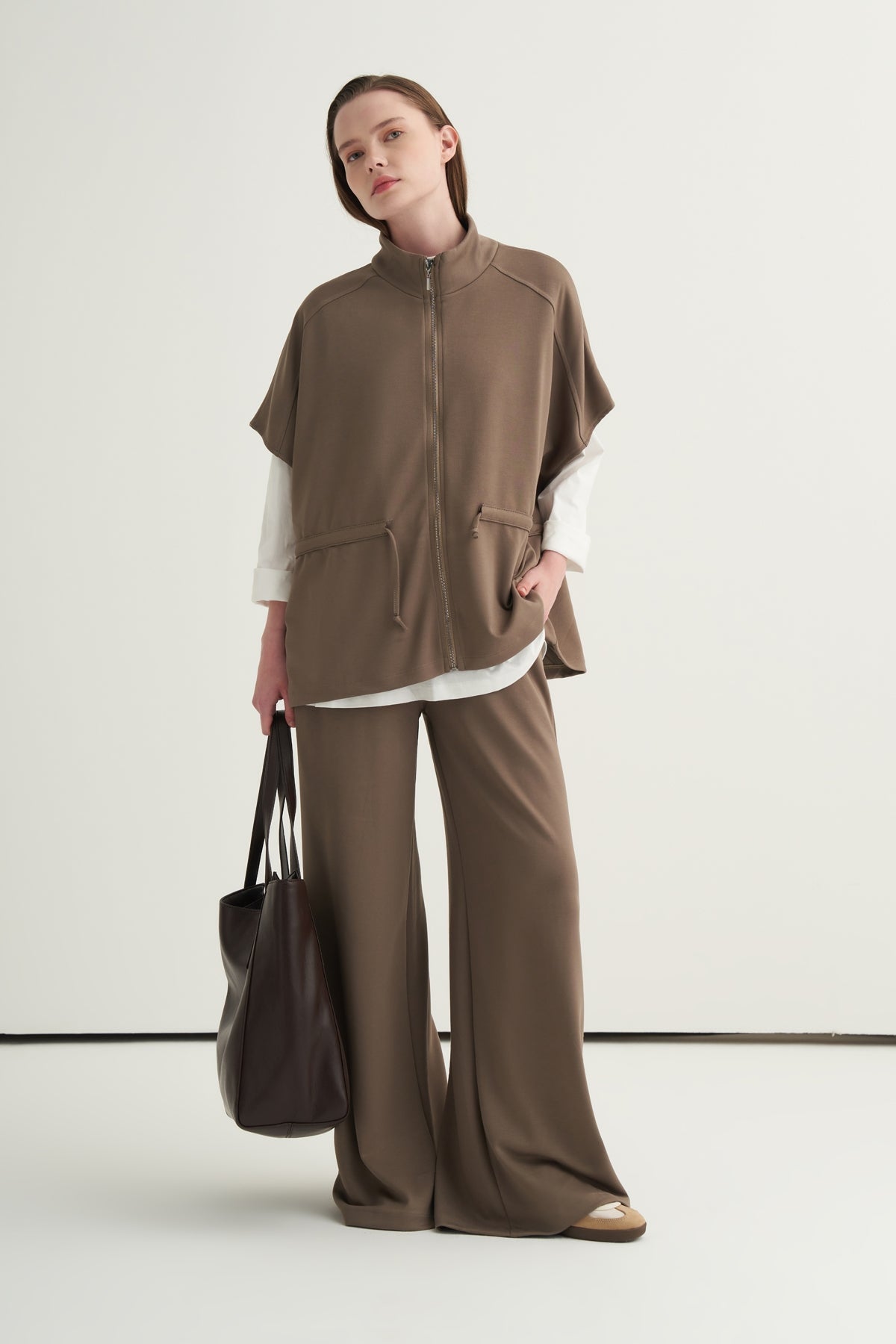 Kadın Oversize Yelek Bol Paça Pantolon Takım Vizon