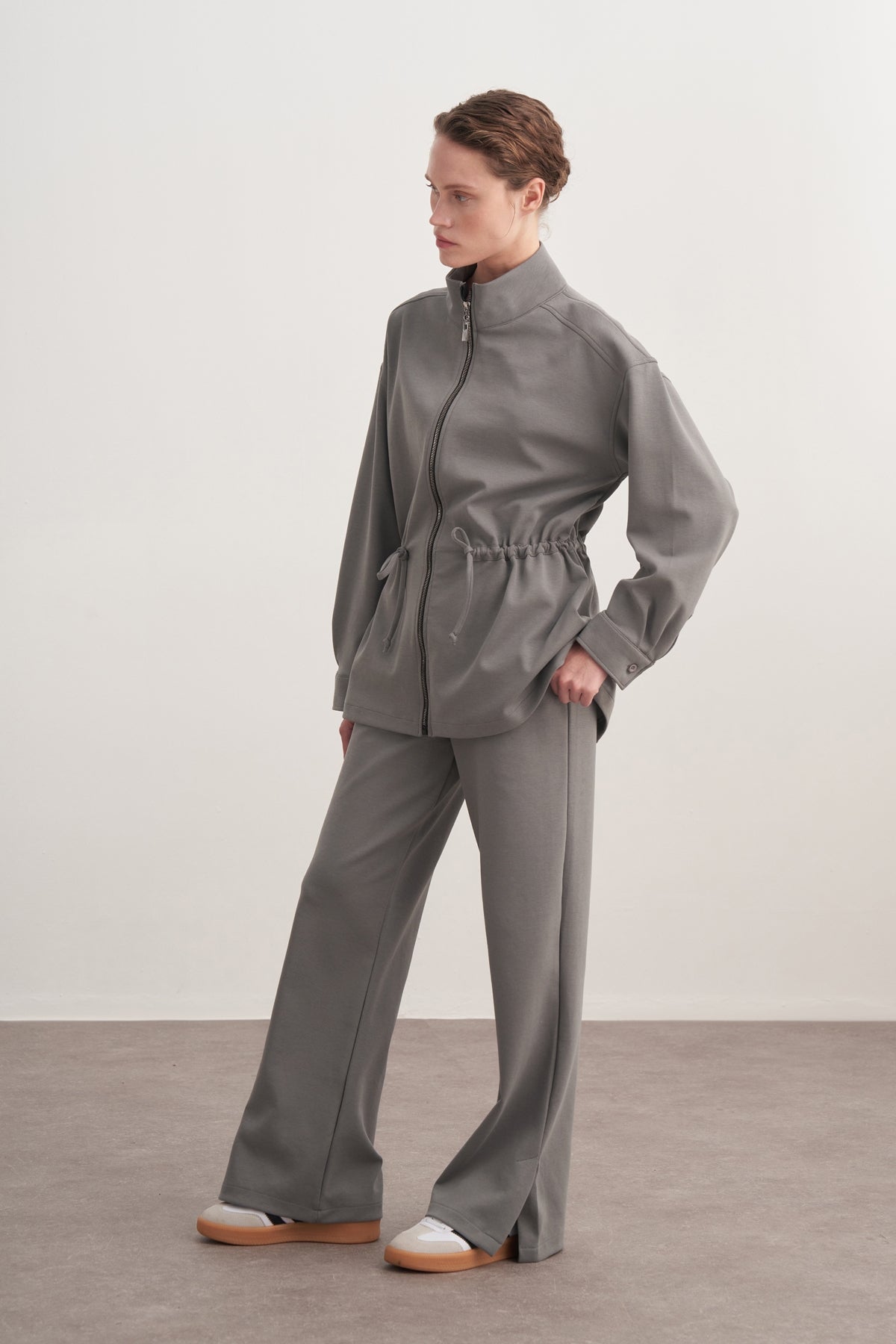 Kadın İnterlok Oversize Spor Ceket Takım Füme