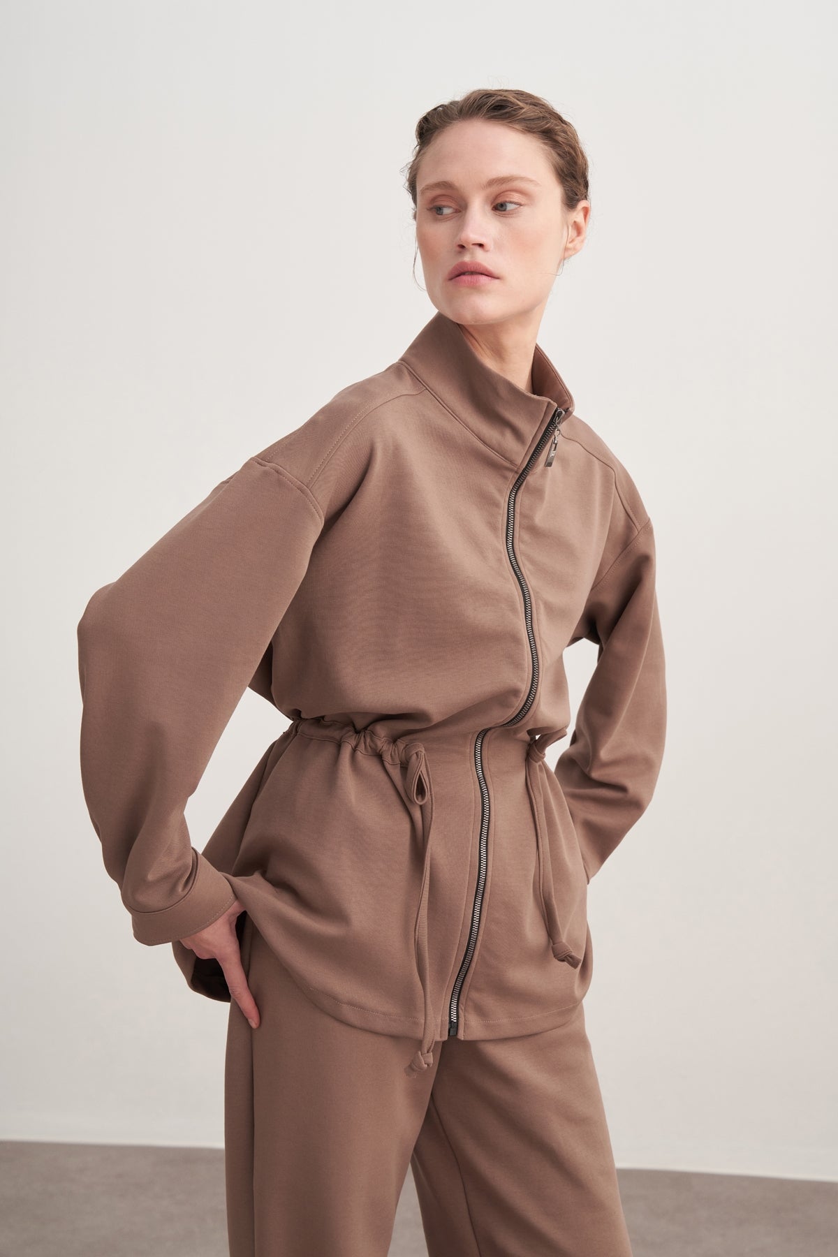 Kadın İnterlok Oversize Spor Ceket Takım Kahve