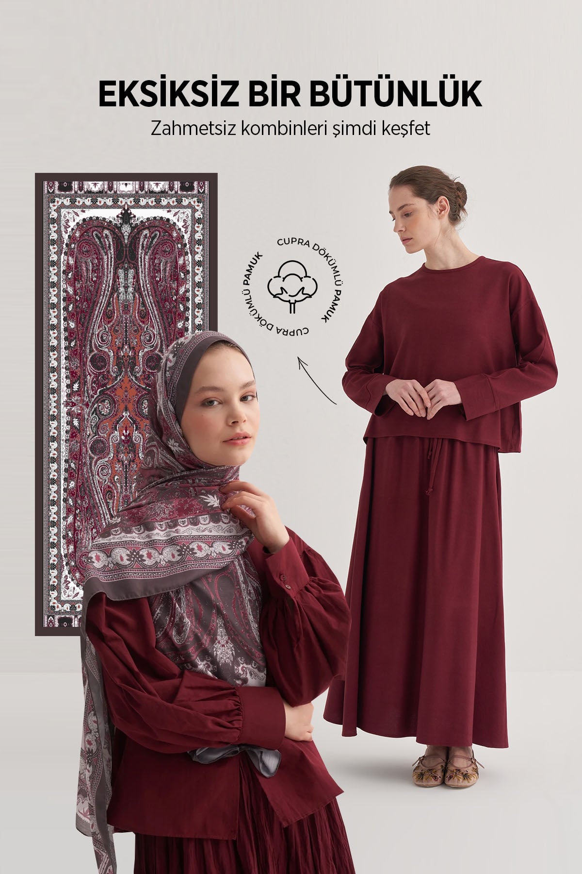 Kadın Üçlü Set Şal Bluz Etek Bordo