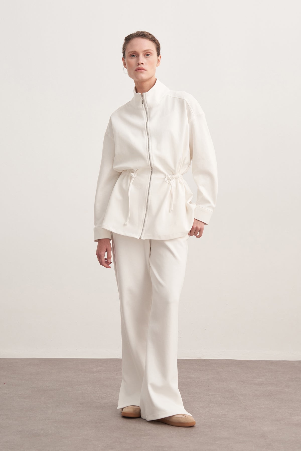 Kadın İnterlok Oversize Spor Ceket Takım Ekru