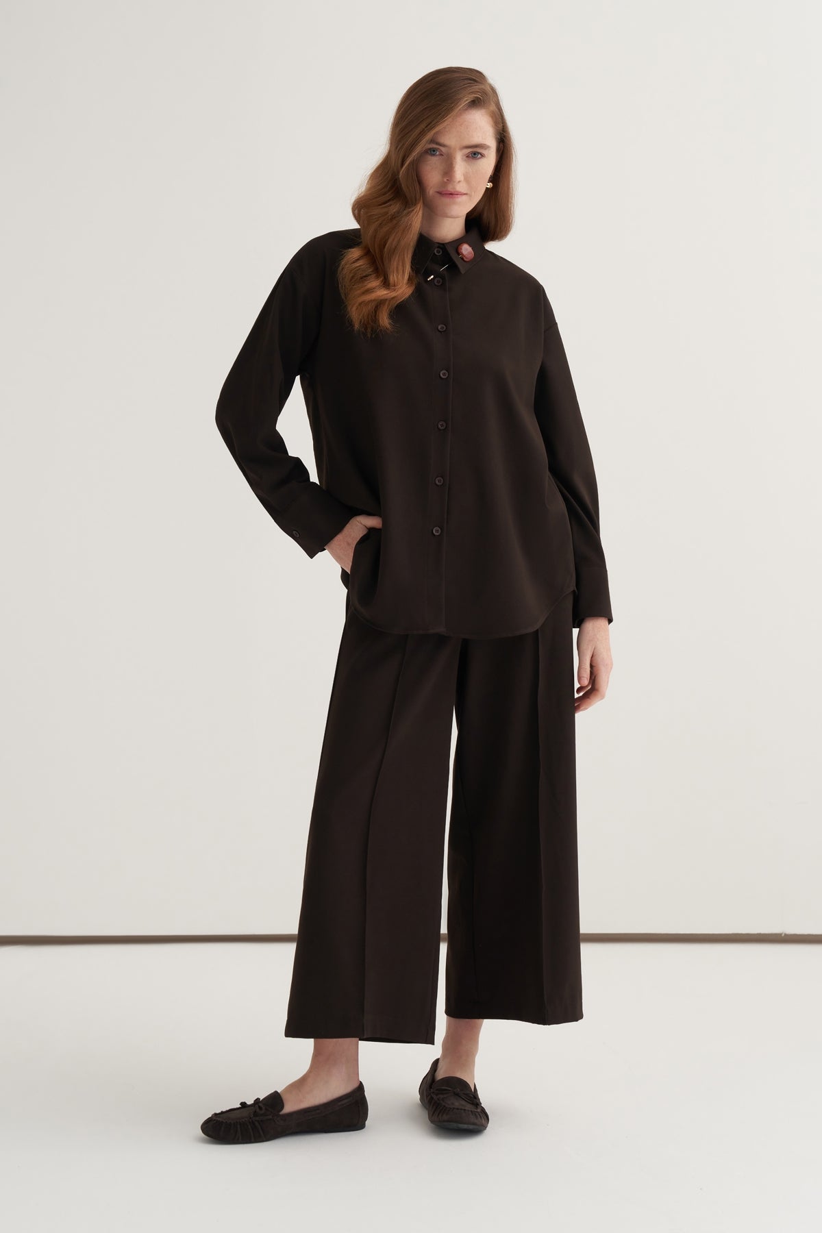 Kadın Culotte Pantolon Gömlek Takım Acı Kahve