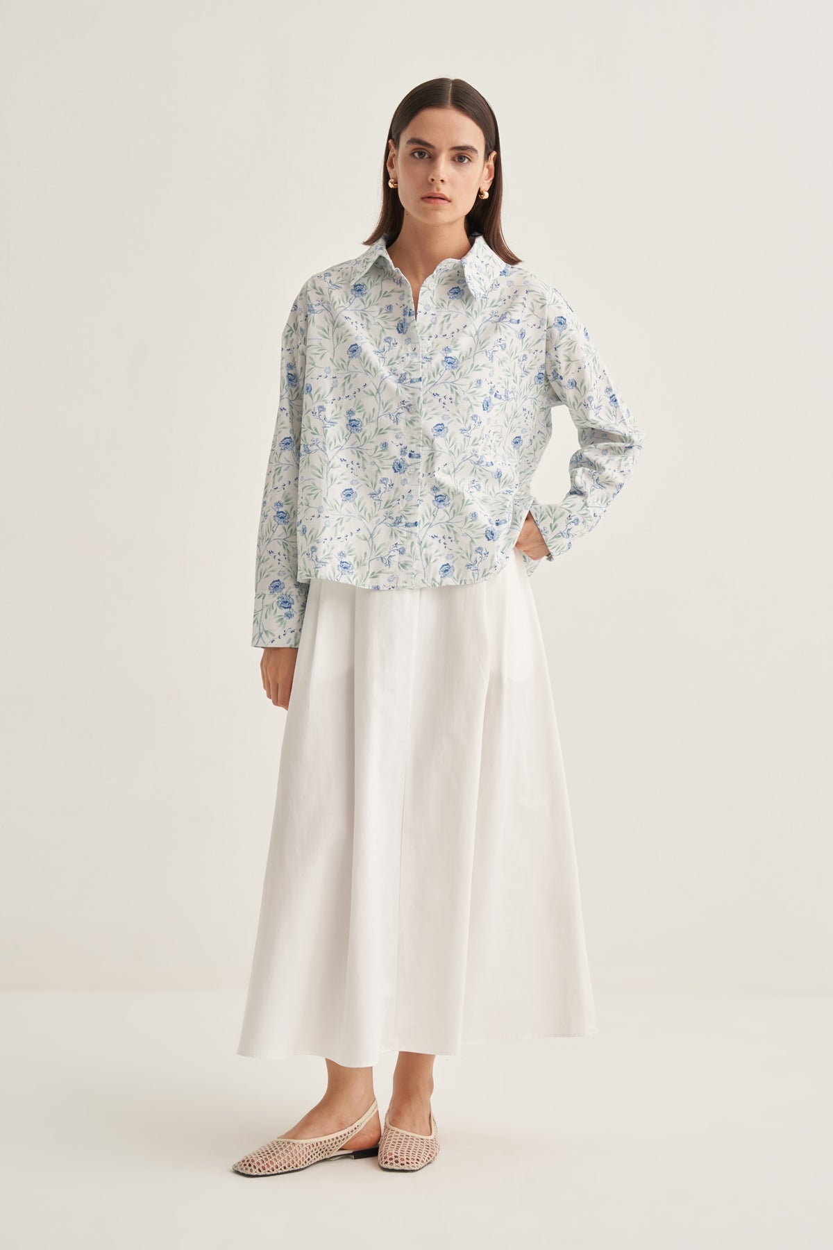 Kadın Poplin Oversize Kısa Gömlek Aster Desen Ekru