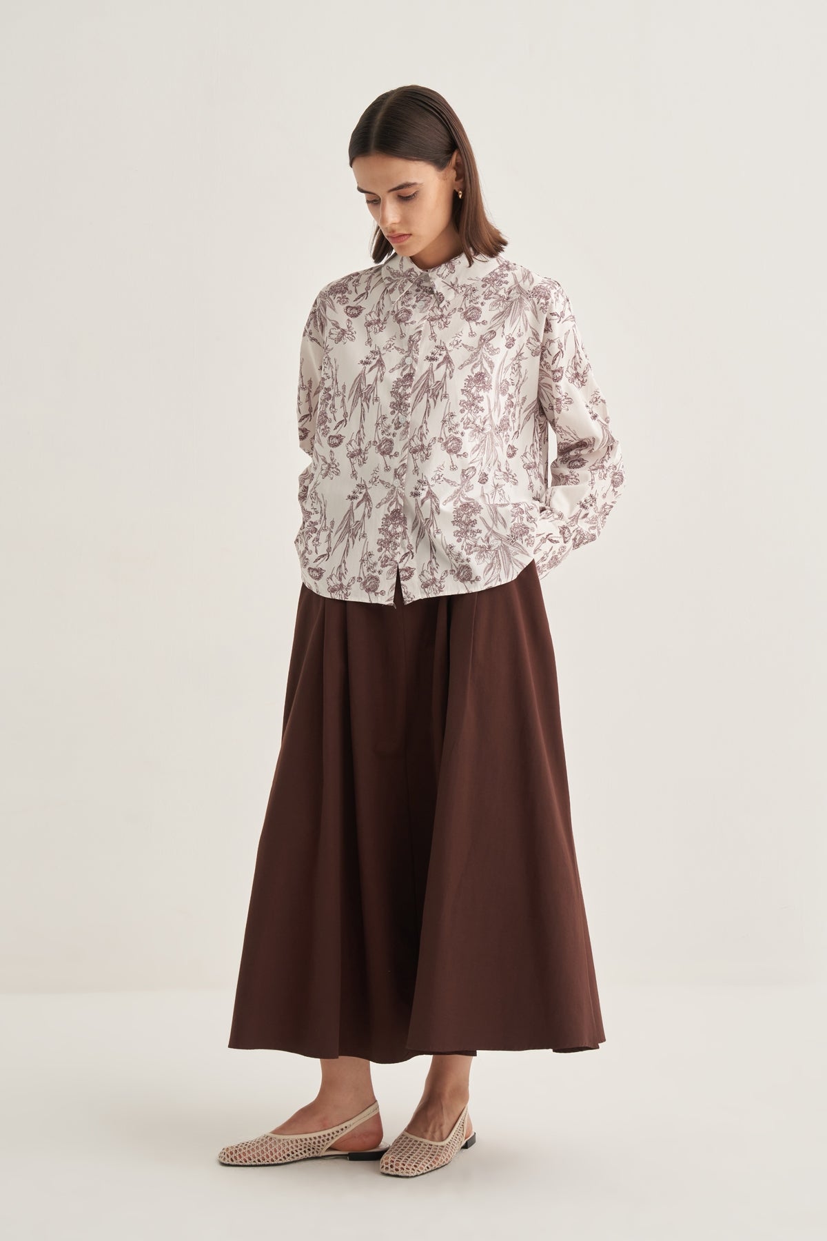 Kadın Poplin Oversize Kısa Gömlek Garden Desen Kahve