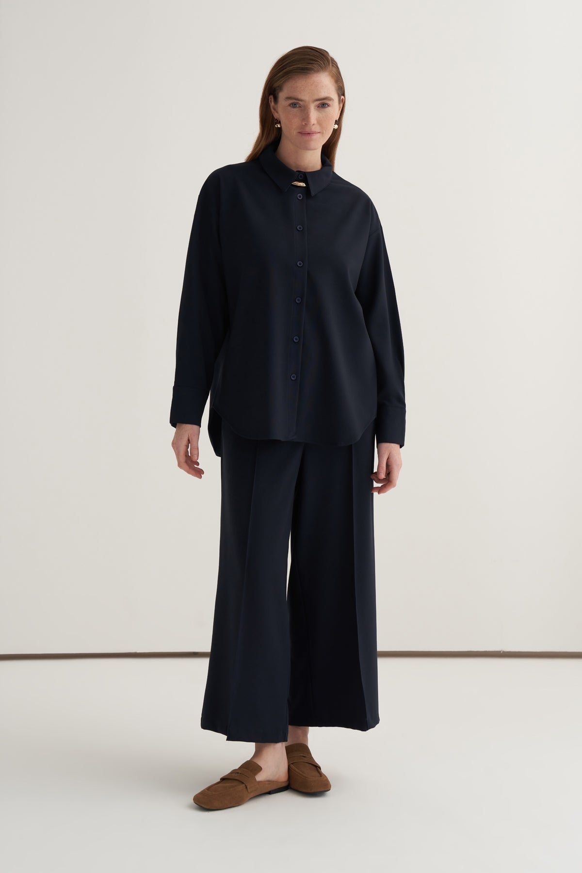 Kadın Culotte Pantolon Gömlek Takım Lacivert