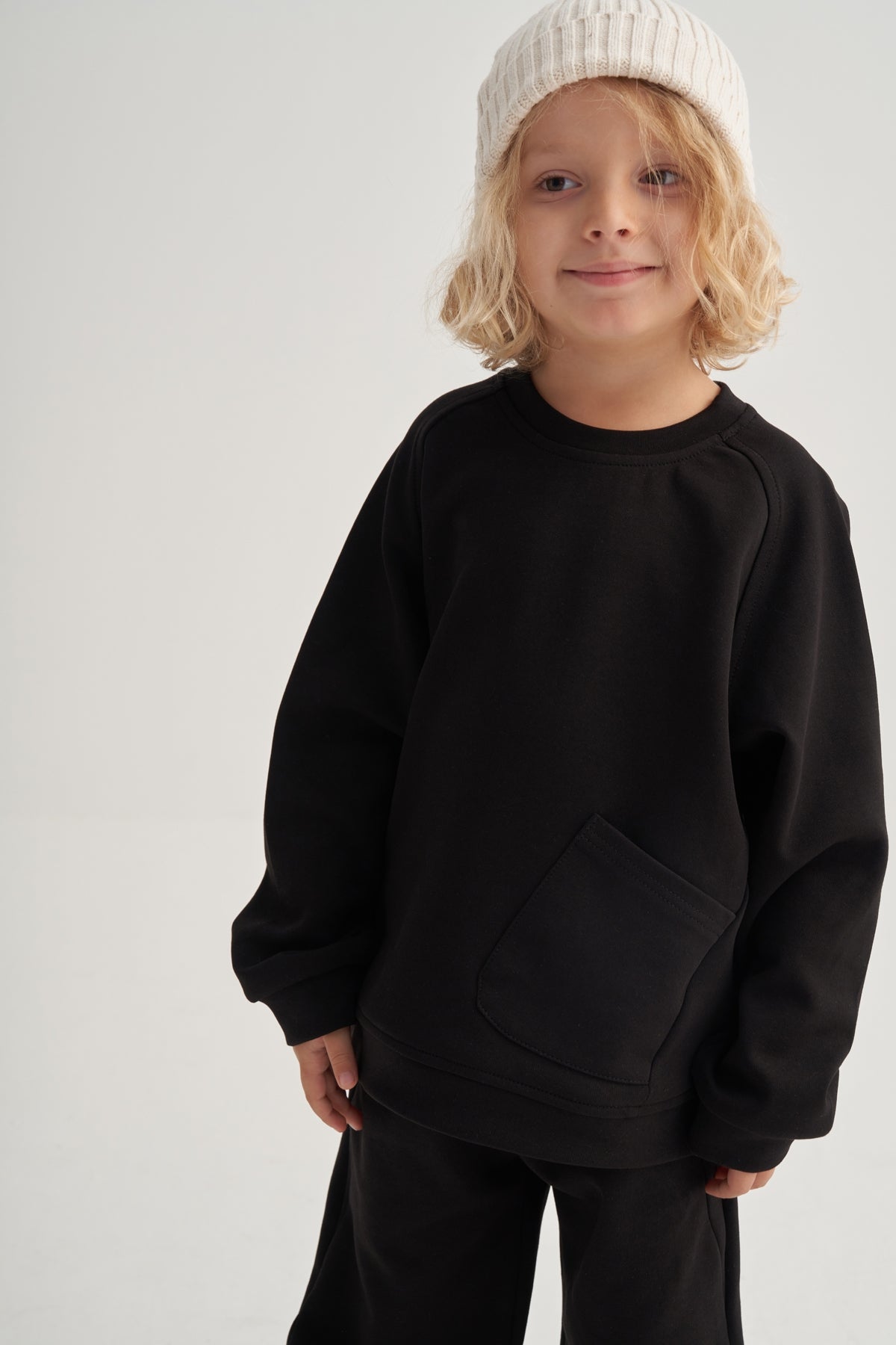 Unisex Çocuk İnterlok Dikiş Detaylı İkili Takım Siyah