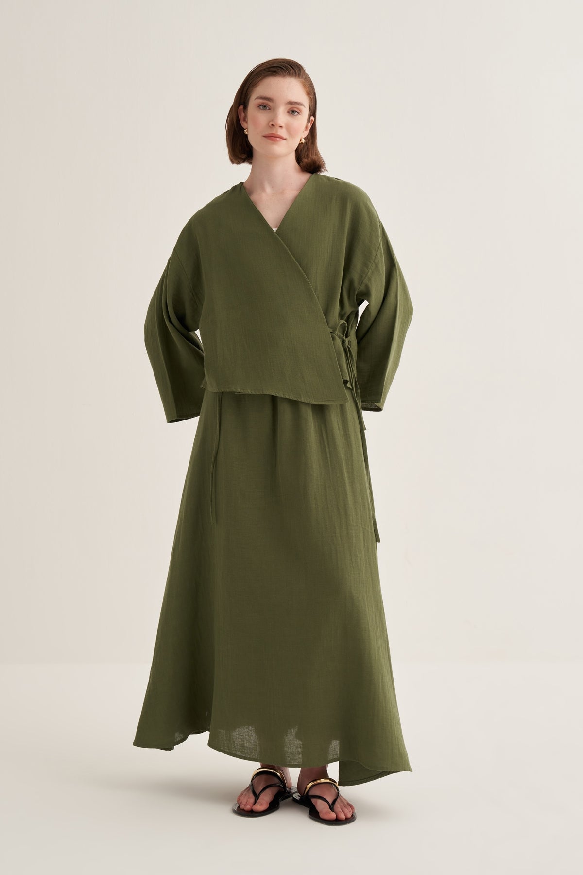 Kadın Müslin Kimono Etek Takım Haki