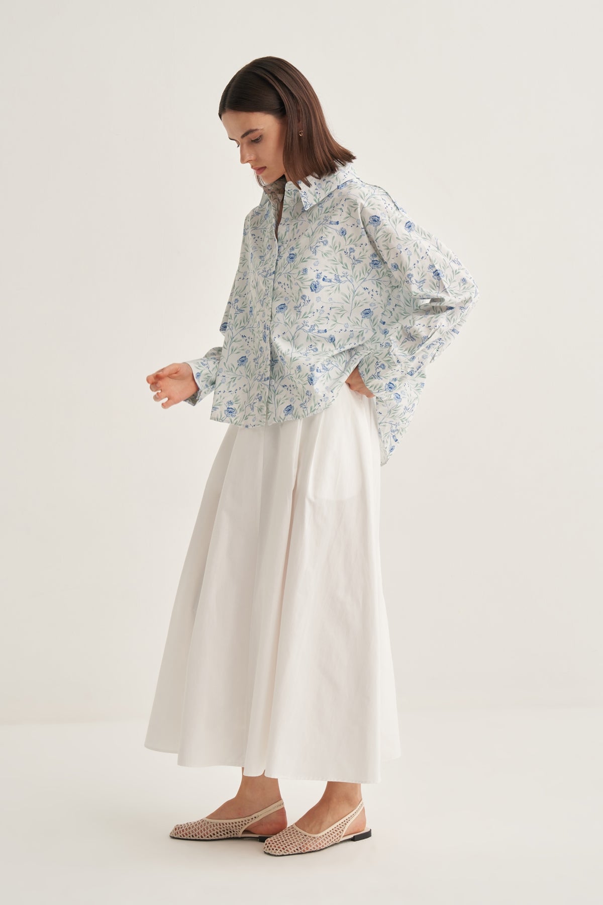 Kadın Poplin Oversize Kısa Gömlek Aster Desen Ekru