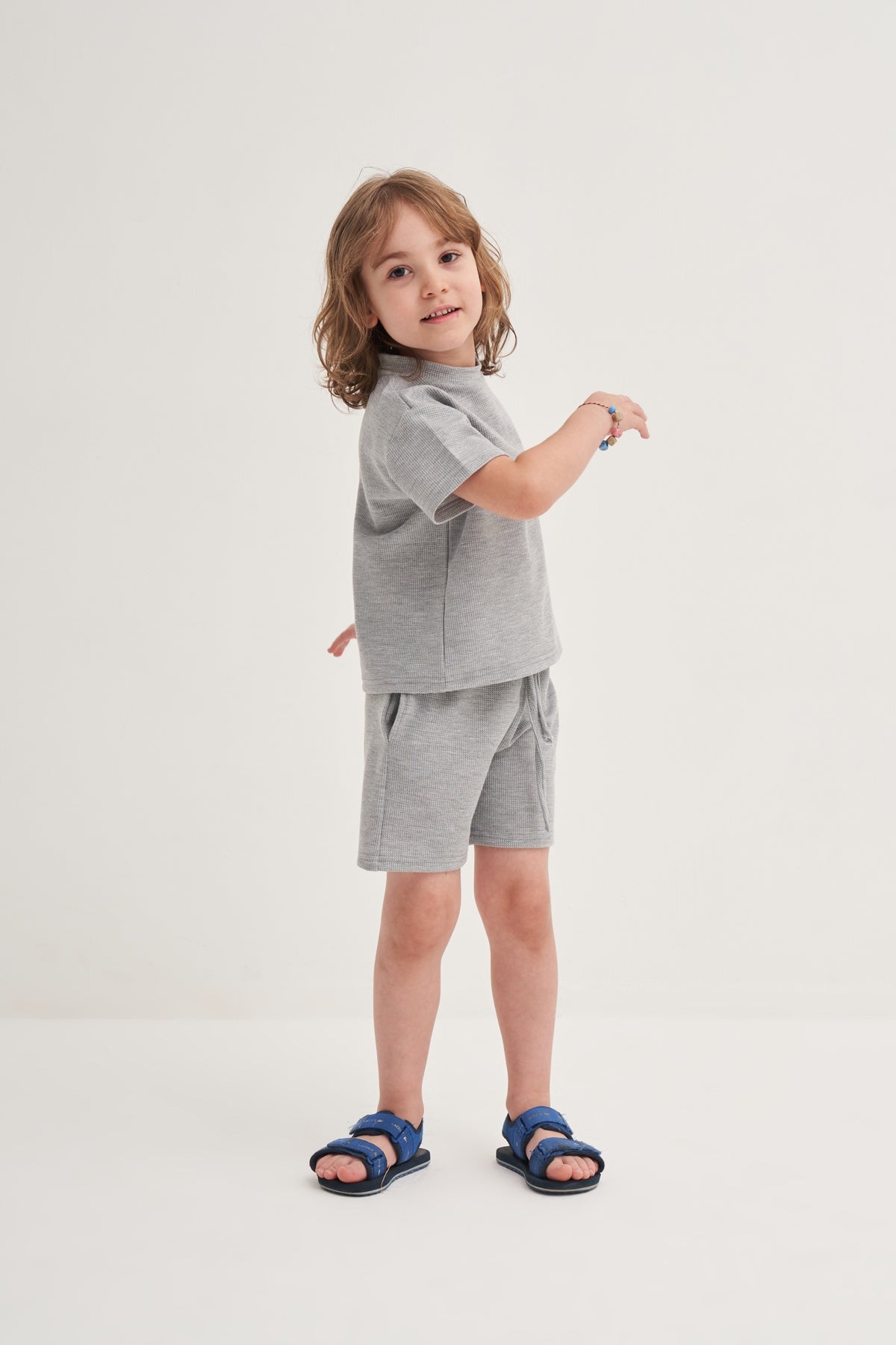 Unisex Çocuk Örme Waffle Takım Gri