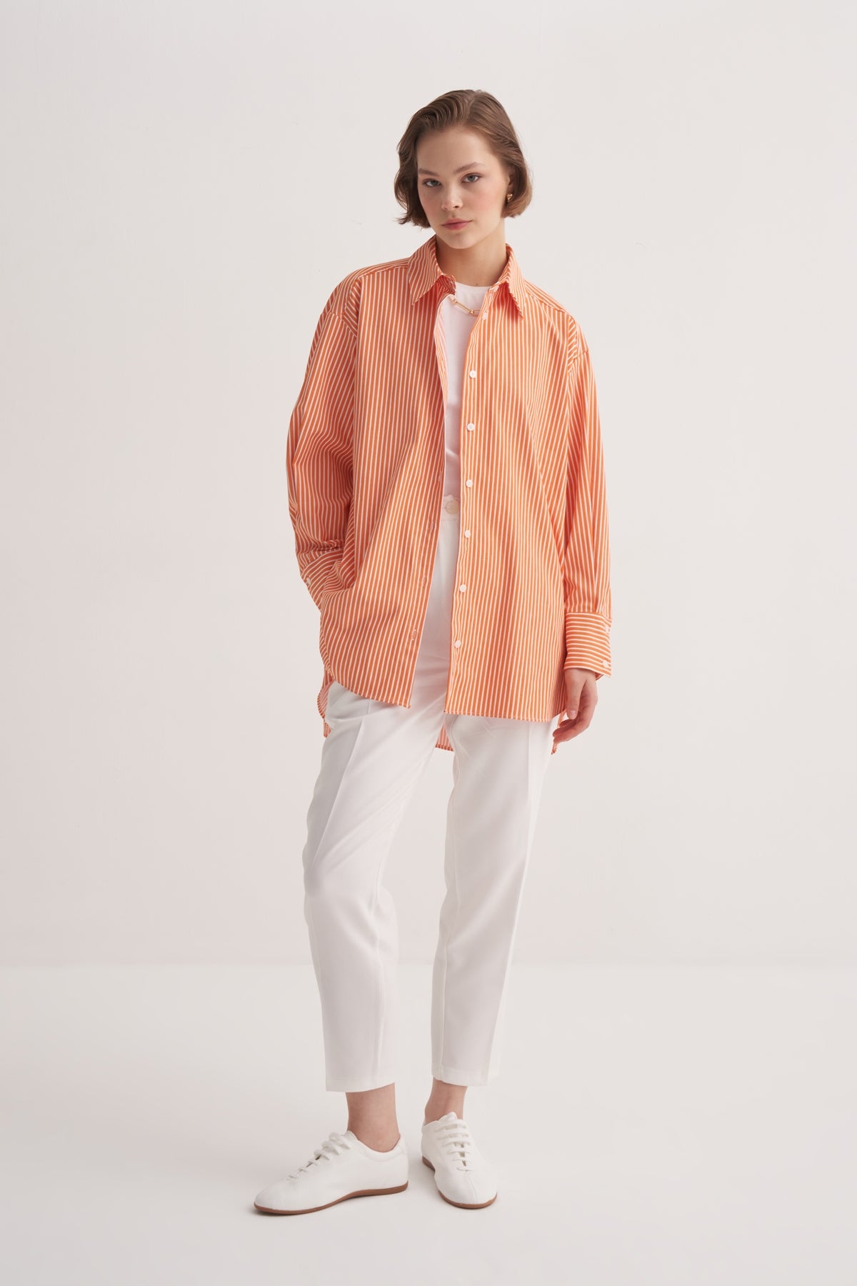 Kadın Poplin Oversize Robalı Gömlek Çizgili Turuncu