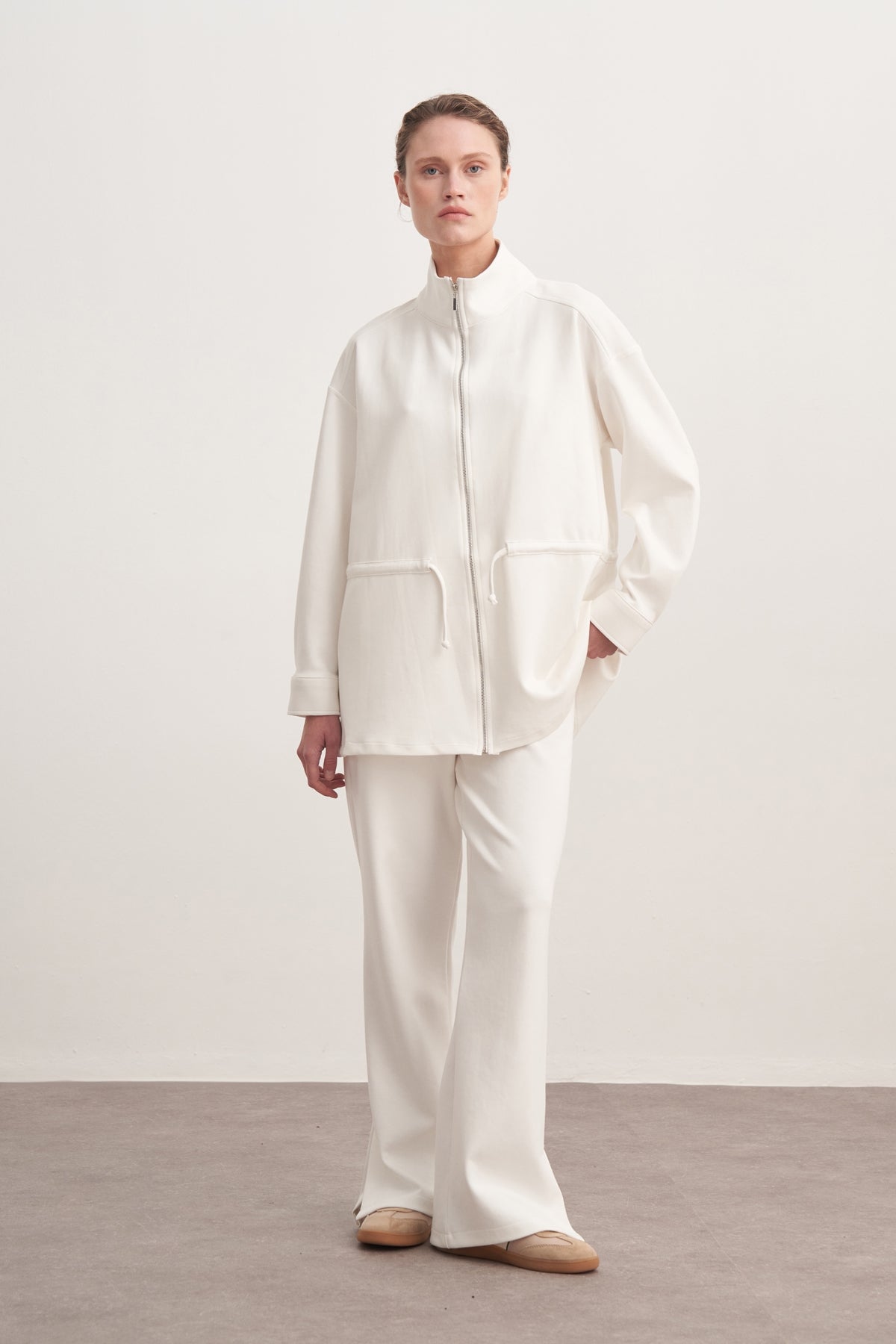 Kadın İnterlok Oversize Spor Ceket Takım Ekru