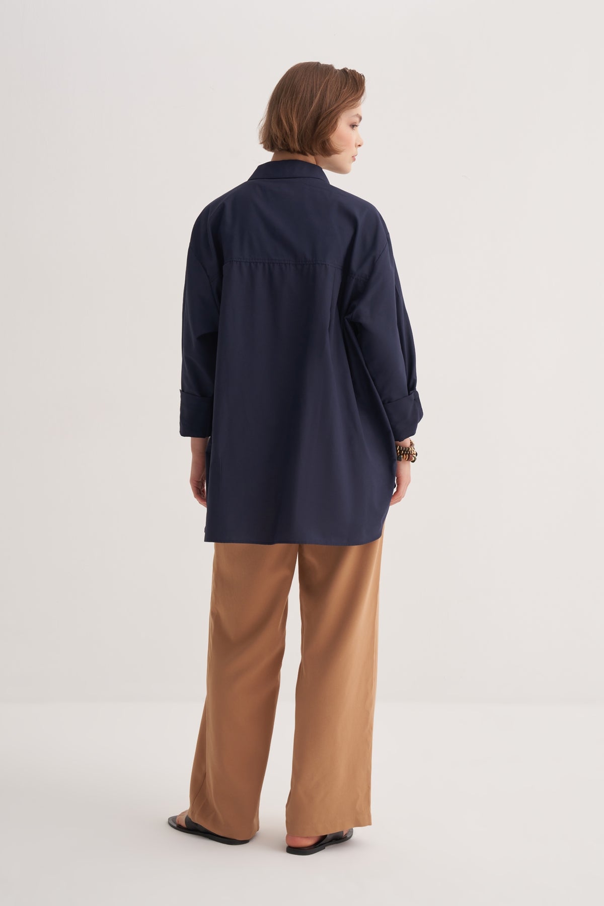 Kadın Poplin Oversize Robalı Gömlek Lacivert