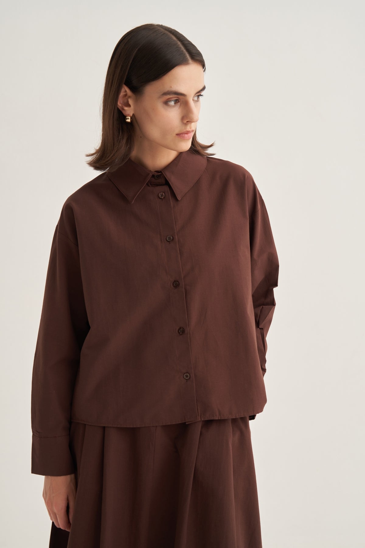 Kadın Poplin Oversize Kısa Gömlek Kahve