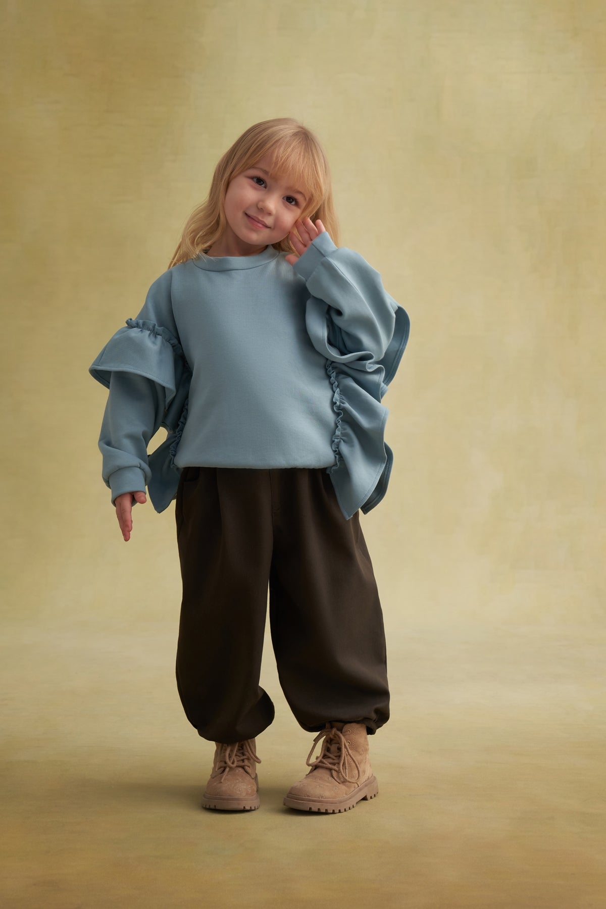 Unisex Çocuk İnterlok Fırfırlı Sweatshirt Mavi