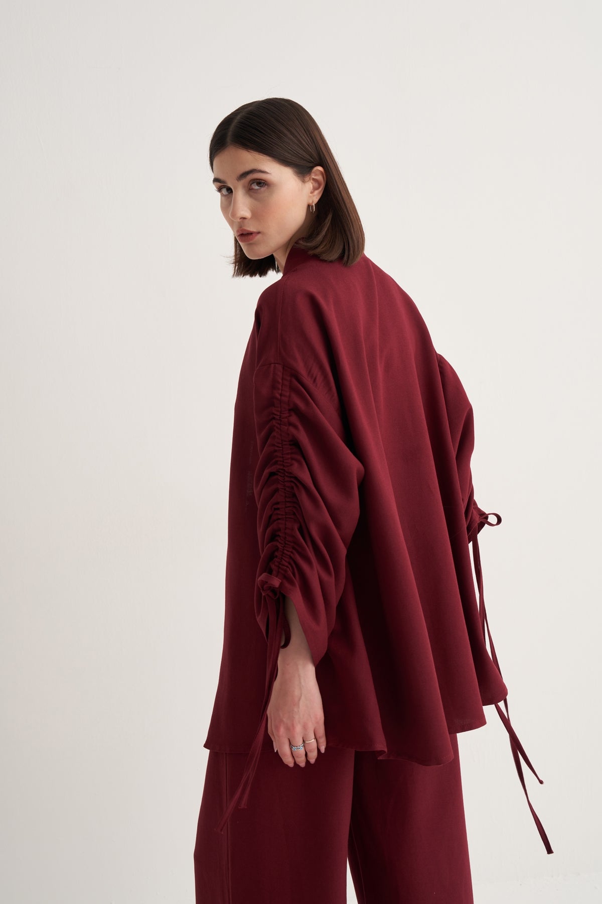 Kadın Cupra Dökümlü Pamuklu Büzgü Detaylı Kimono Pantolon Takım Bordo