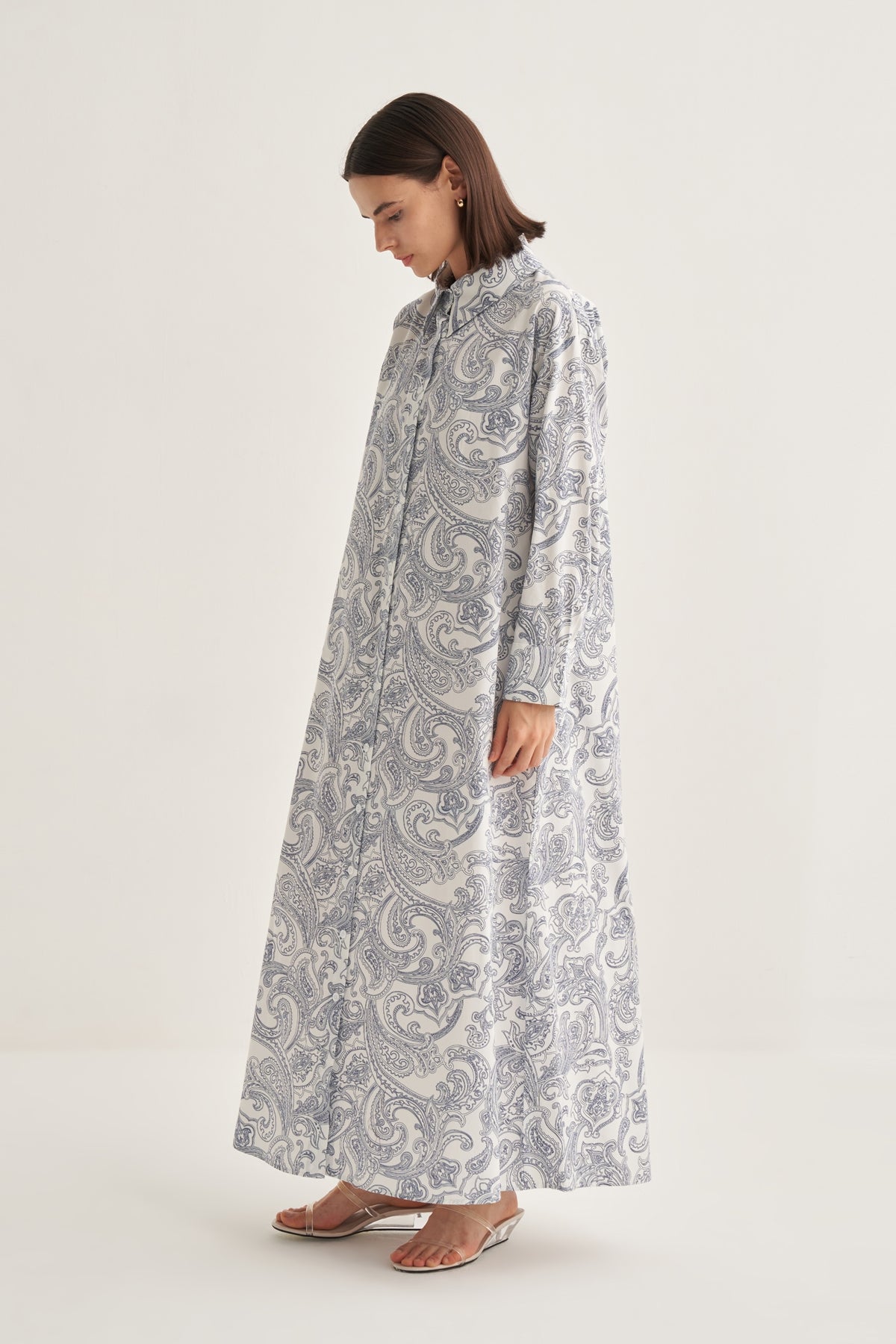 Kadın Poplin Gömlek Elbise Paisley Desen Lacivert