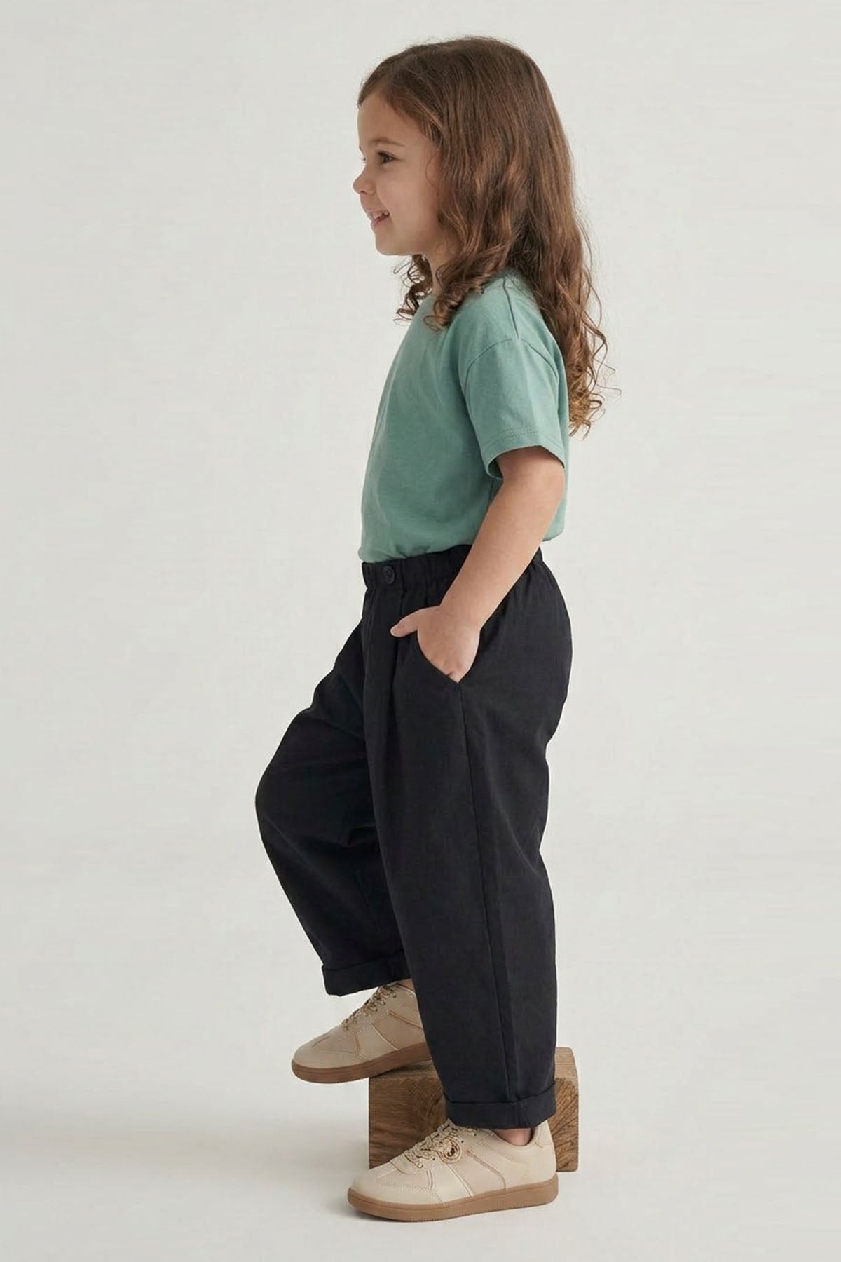 Unisex Çocuk Pileli Pantolon Tişört Takım Yeşil/Lacivert