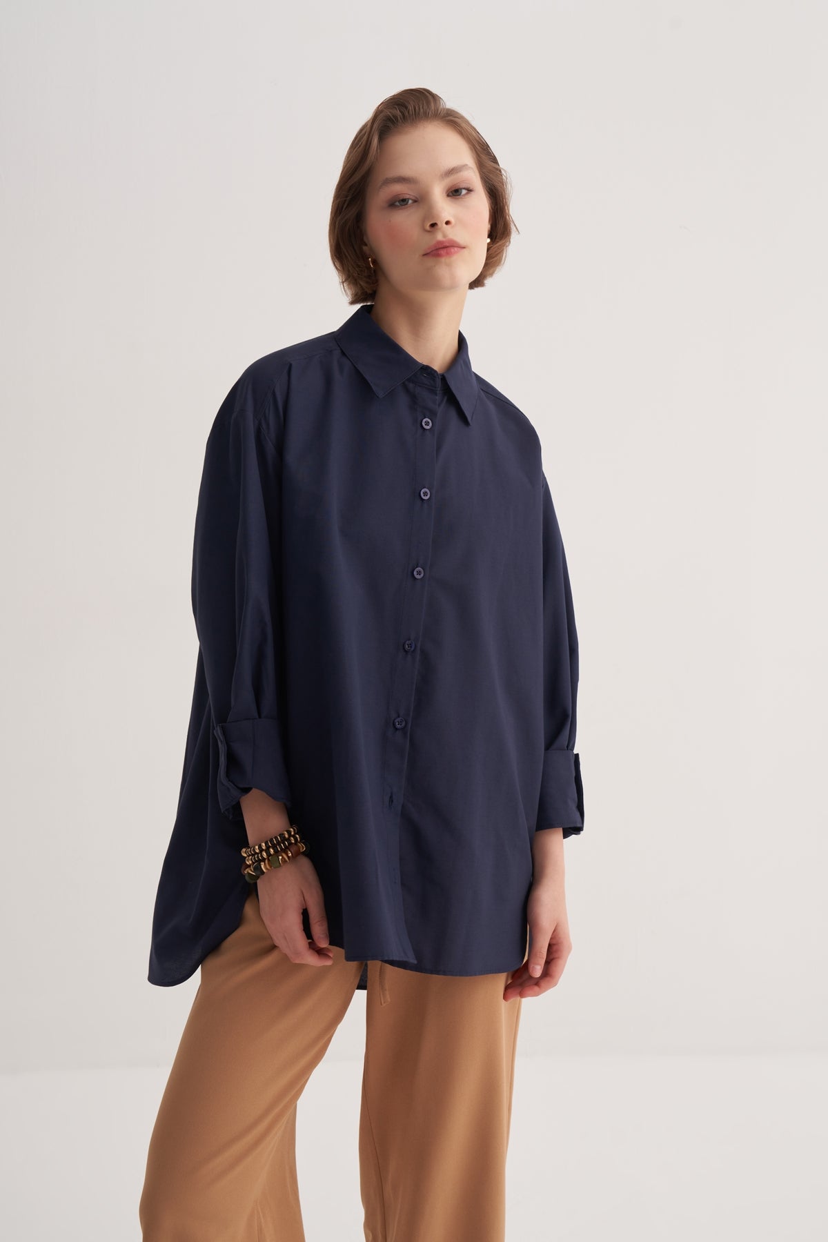 Kadın Poplin Oversize Robalı Gömlek Lacivert