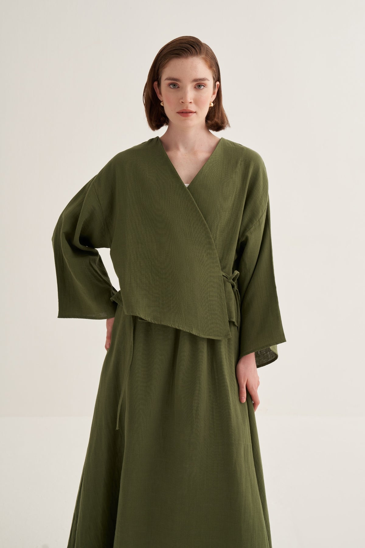 Kadın Müslin Kimono Etek Takım Haki