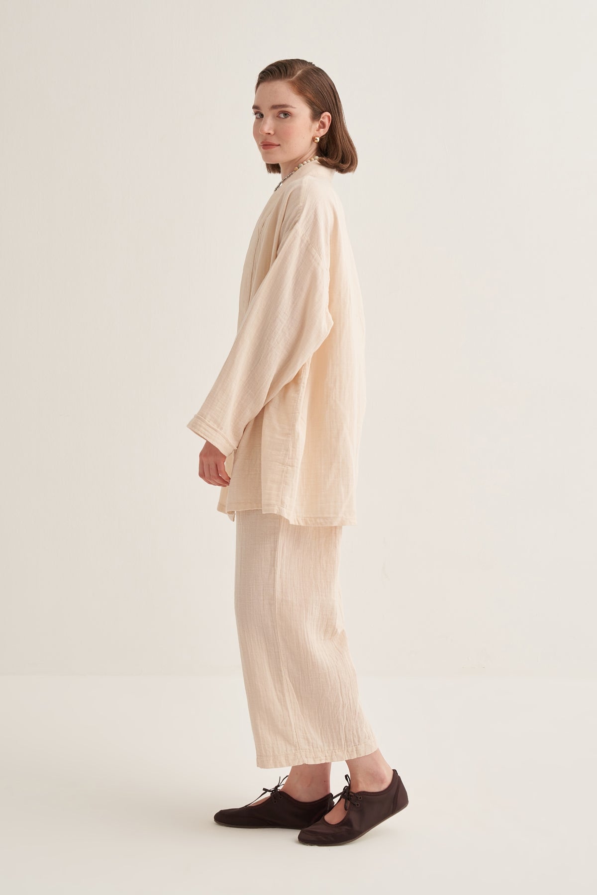 Kadın Müslin Kimono Takım Bej