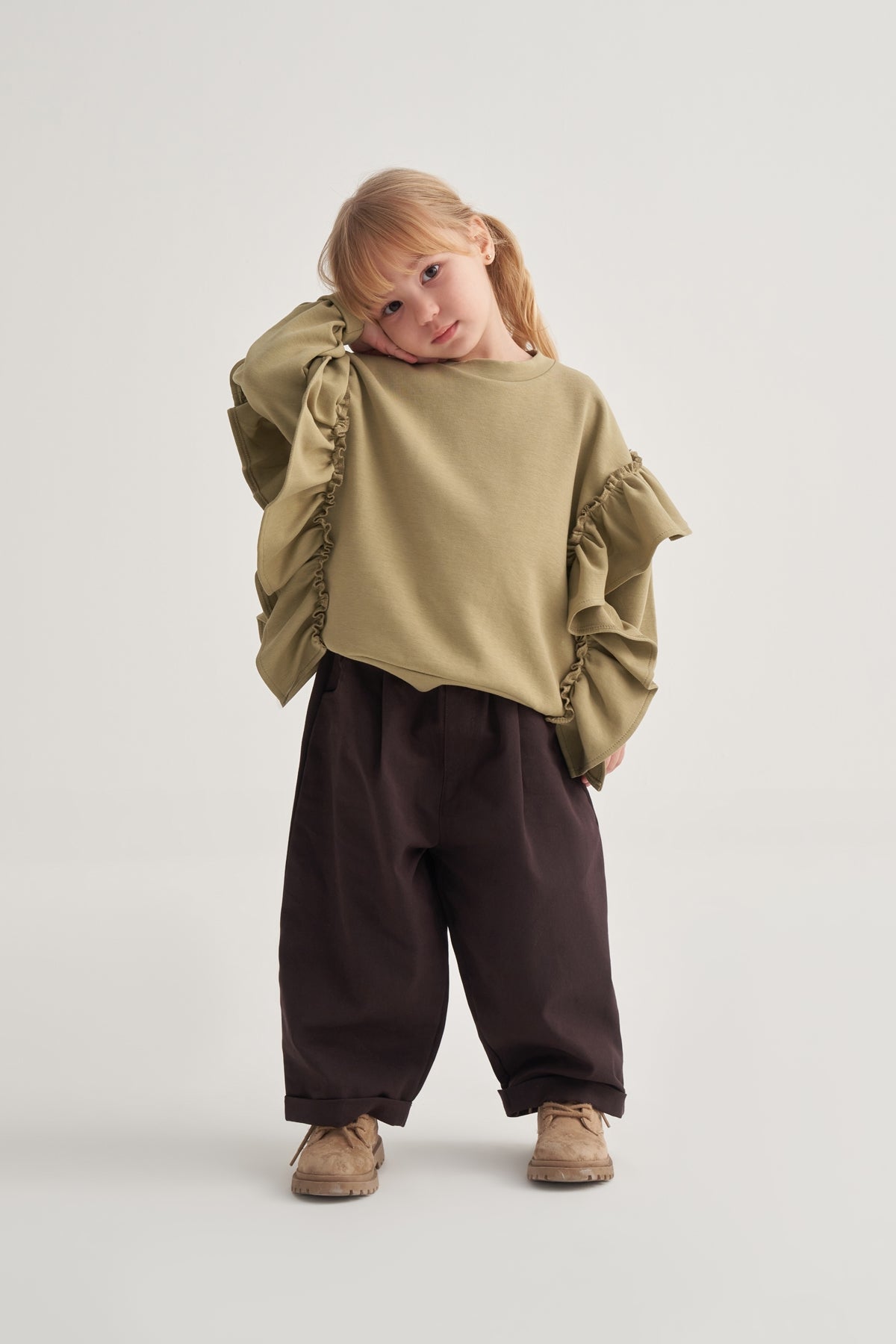 Unisex Çocuk Gabardin Pilili Pantolon Kahve