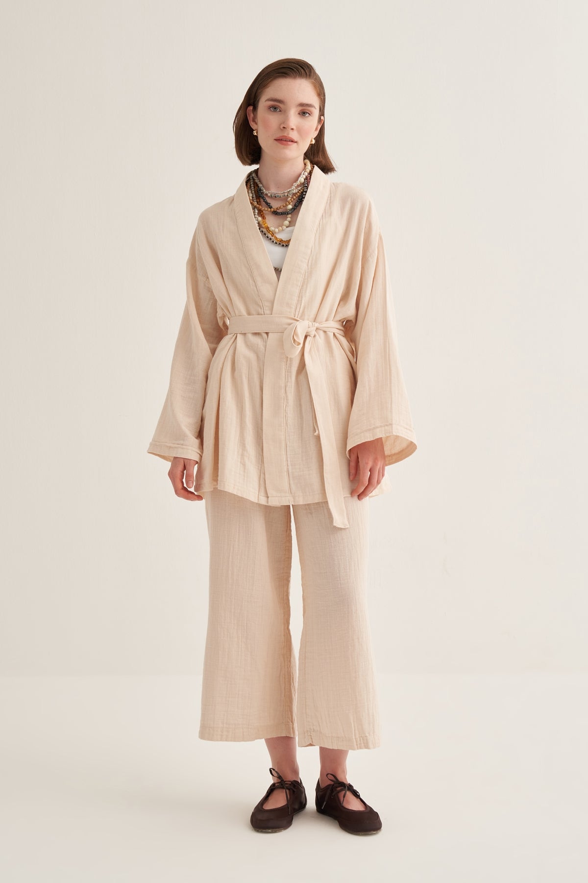 Kadın Müslin Kimono Takım Bej