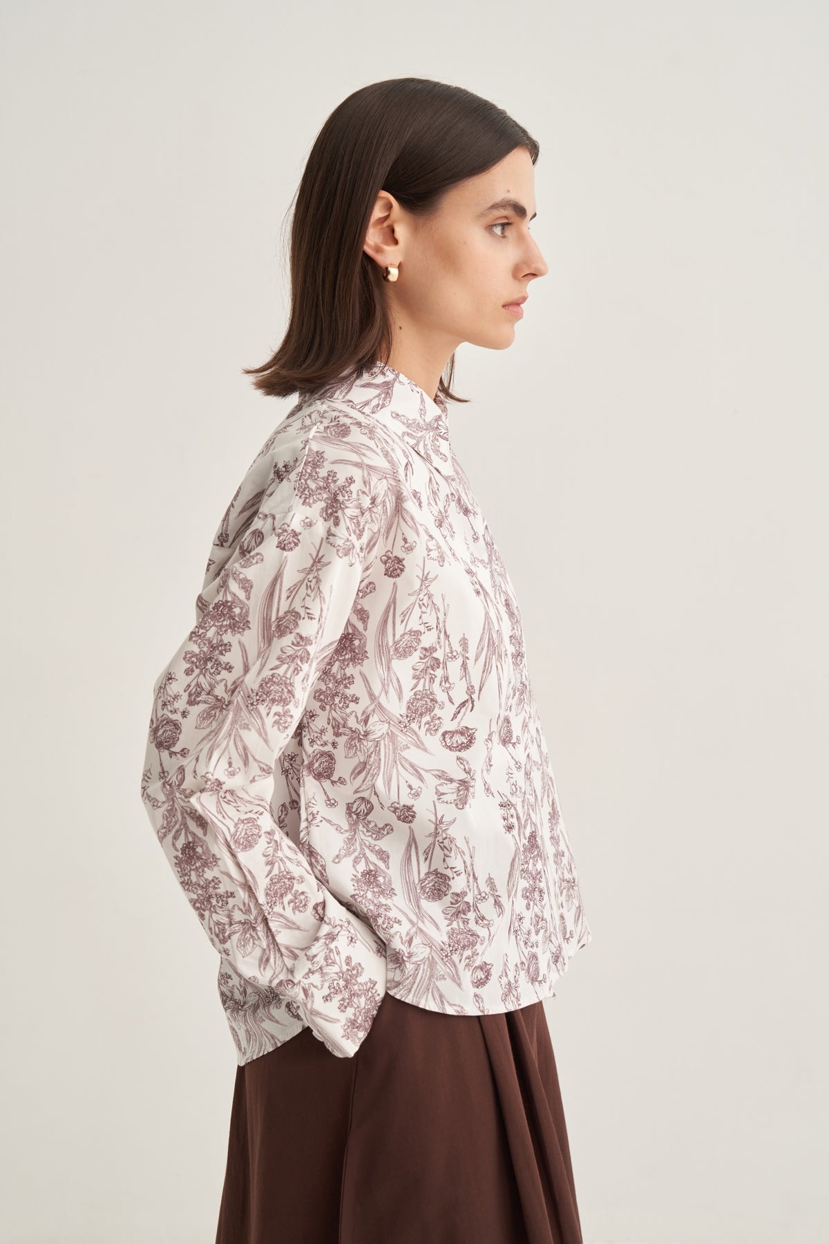 Kadın Poplin Oversize Kısa Gömlek Garden Desen Kahve
