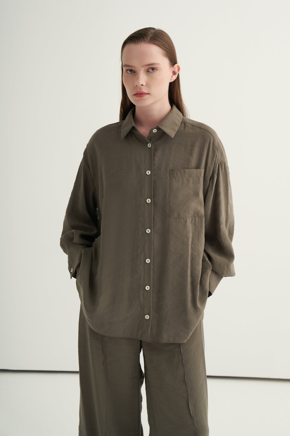 Kadın Modal Oversize Gömlek Pantolon Takım Haki