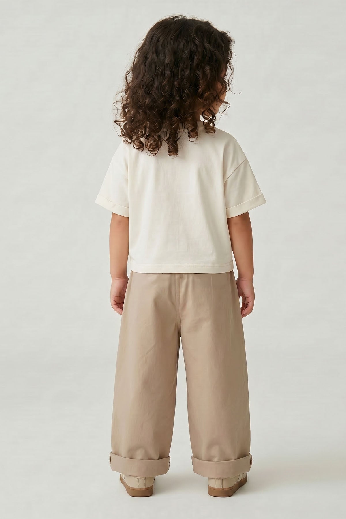 Unisex Çocuk Pileli Pantolon Tişört Takım Beyaz/Bej