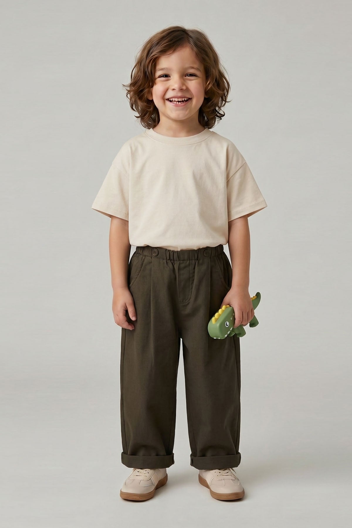 Unisex Çocuk Pileli Pantolon Tişört Takım Krem/Haki
