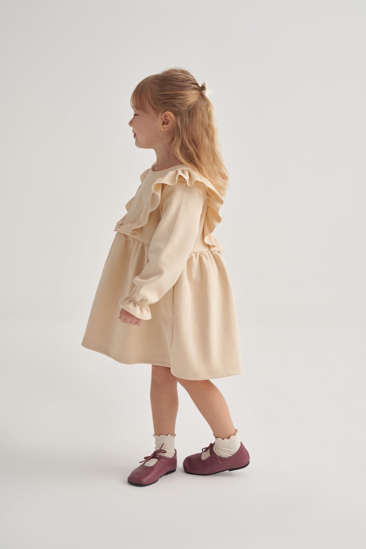 Kız Çocuk İnterlok Fırfırlı Uzun Kol Elbise Bej