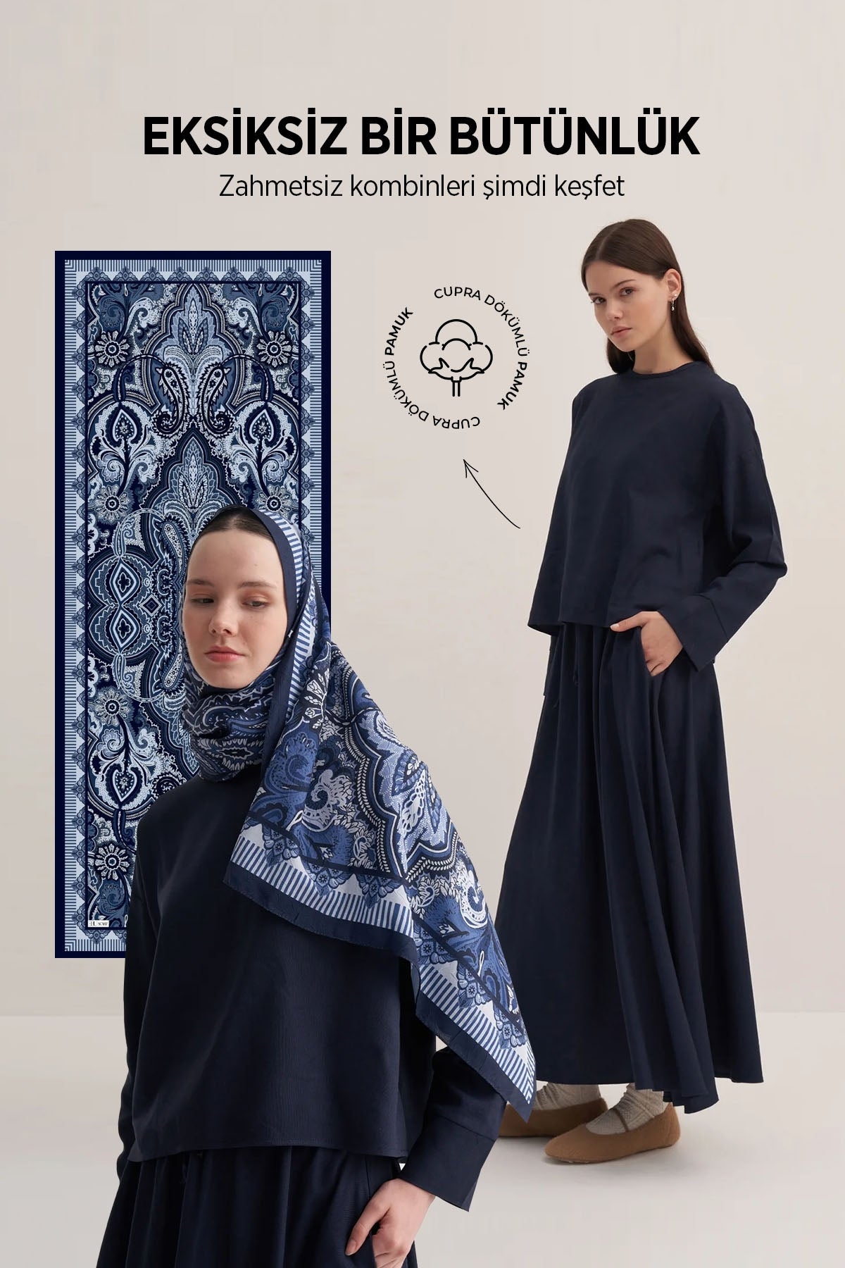 Kadın Üçlü Set Şal Bluz Etek Lacivert