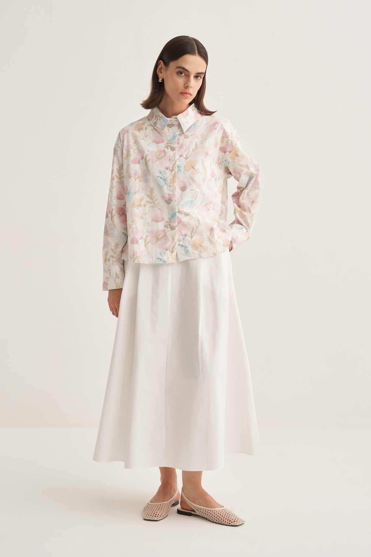 Kadın Poplin Oversize Kısa Gömlek Spring Desen Ekru