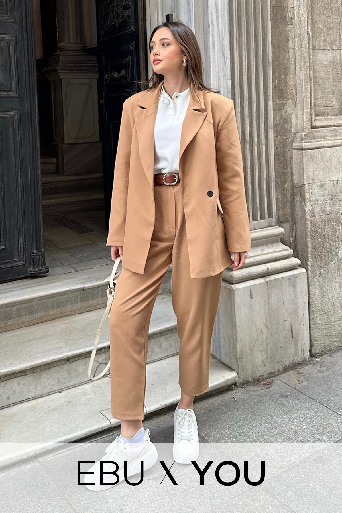 Kadın Oversize Düğme Kapamalı Kruvaze Blazer Ceket Camel