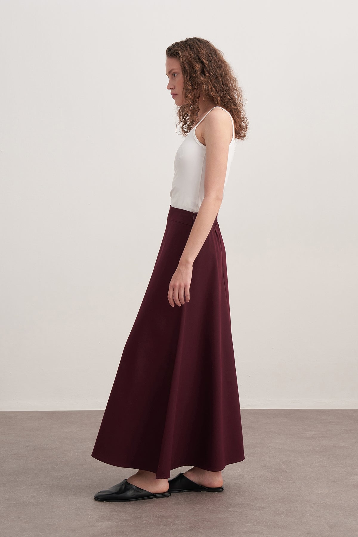 Kadın Gabardin Kemerli Kloş Etek Koyu Mürdüm