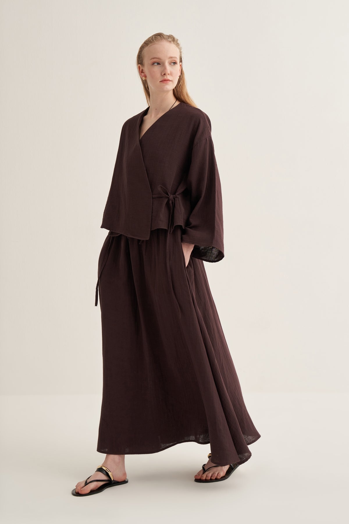 Kadın Müslin Kimono Etek Takım Acı Kahve