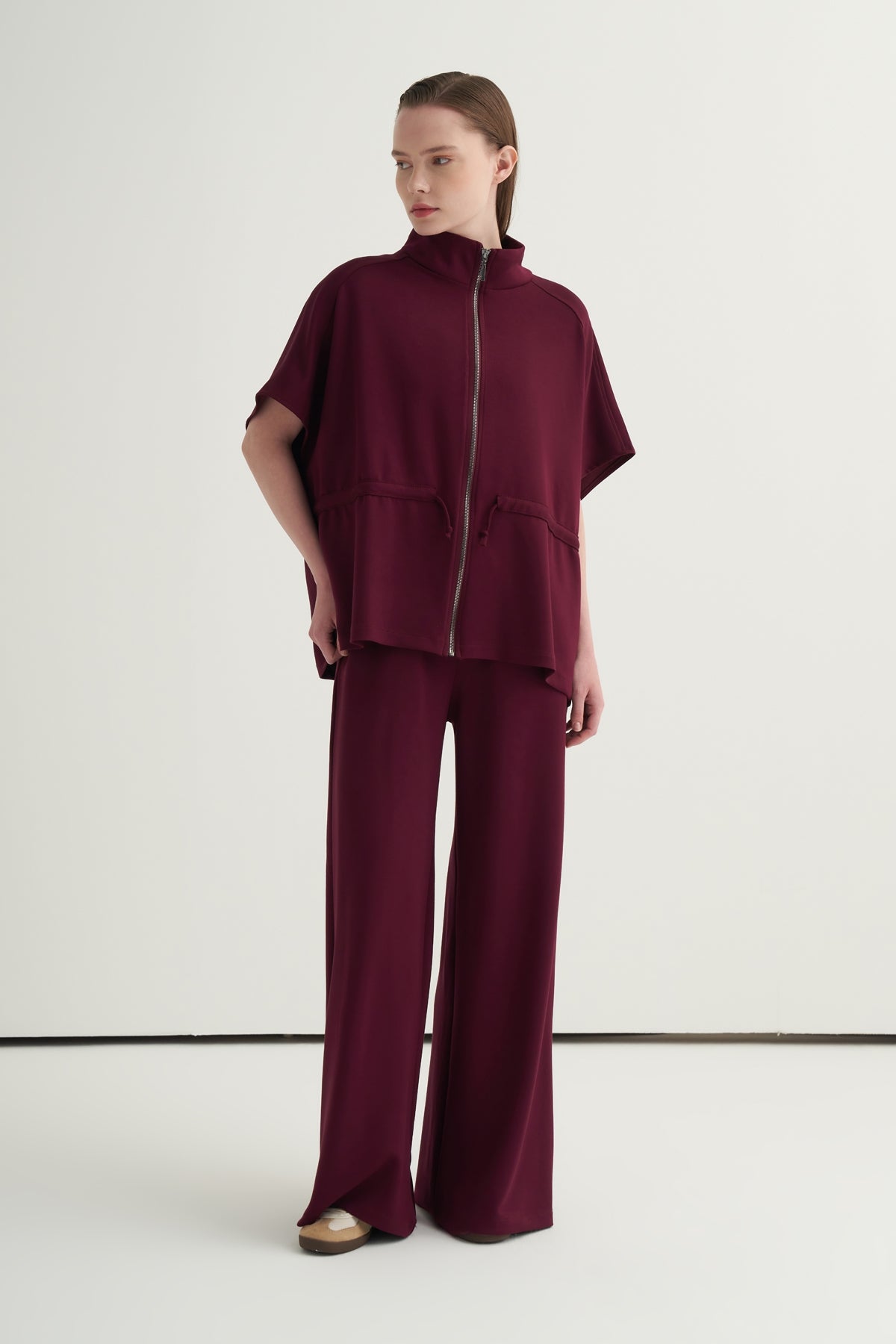 Kadın Oversize Yelek Bol Paça Pantolon Takım Bordo