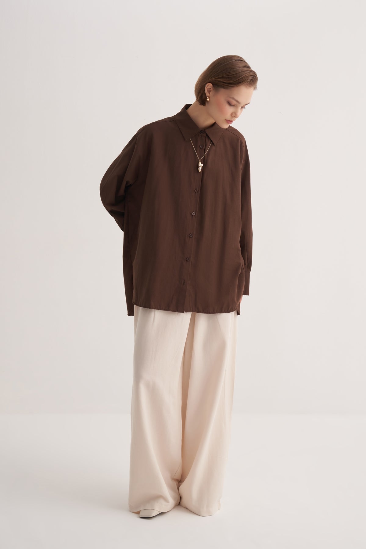 Kadın Poplin Oversize Robalı Gömlek Kahve