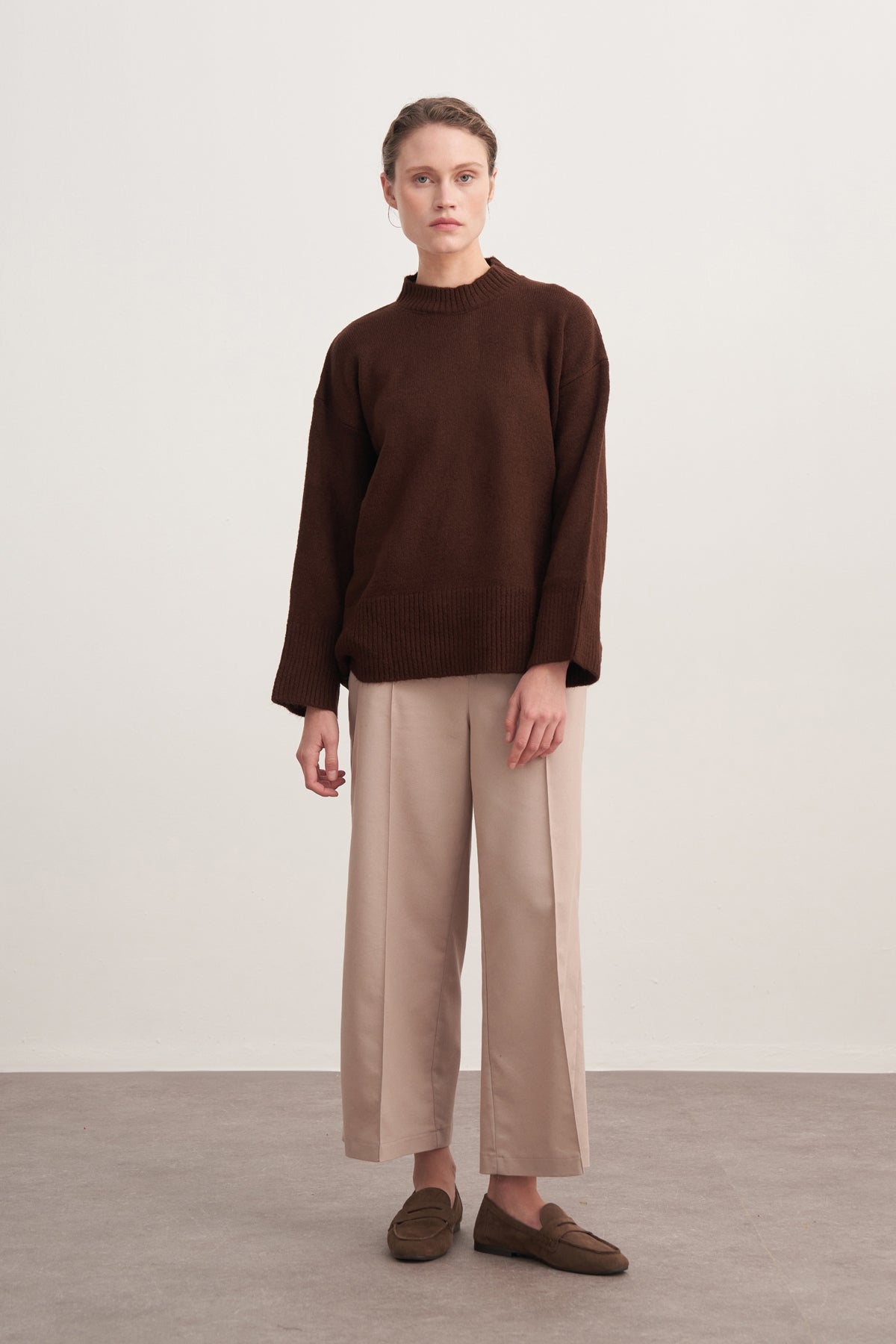 Kadın Basic Triko Kazak Kahve