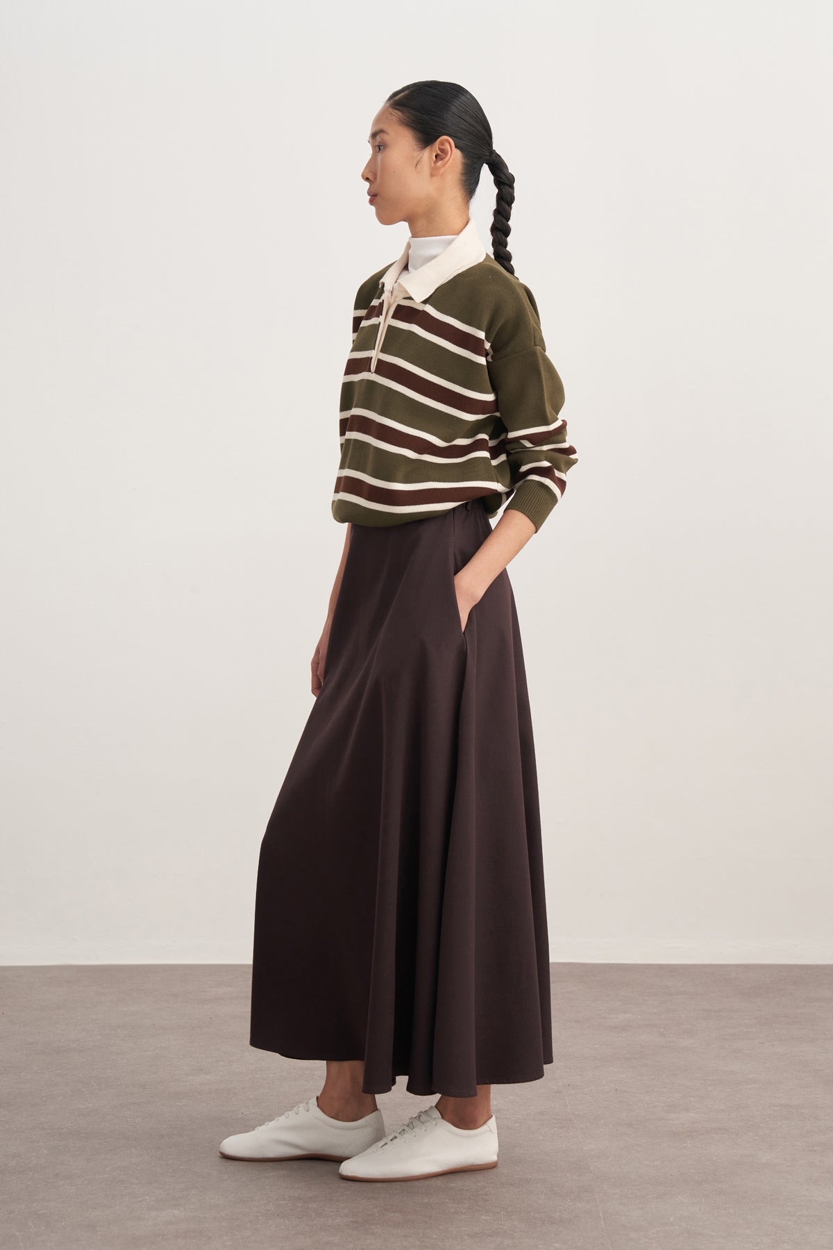 Kadın Çizgili Yakalı Triko Kazak Haki