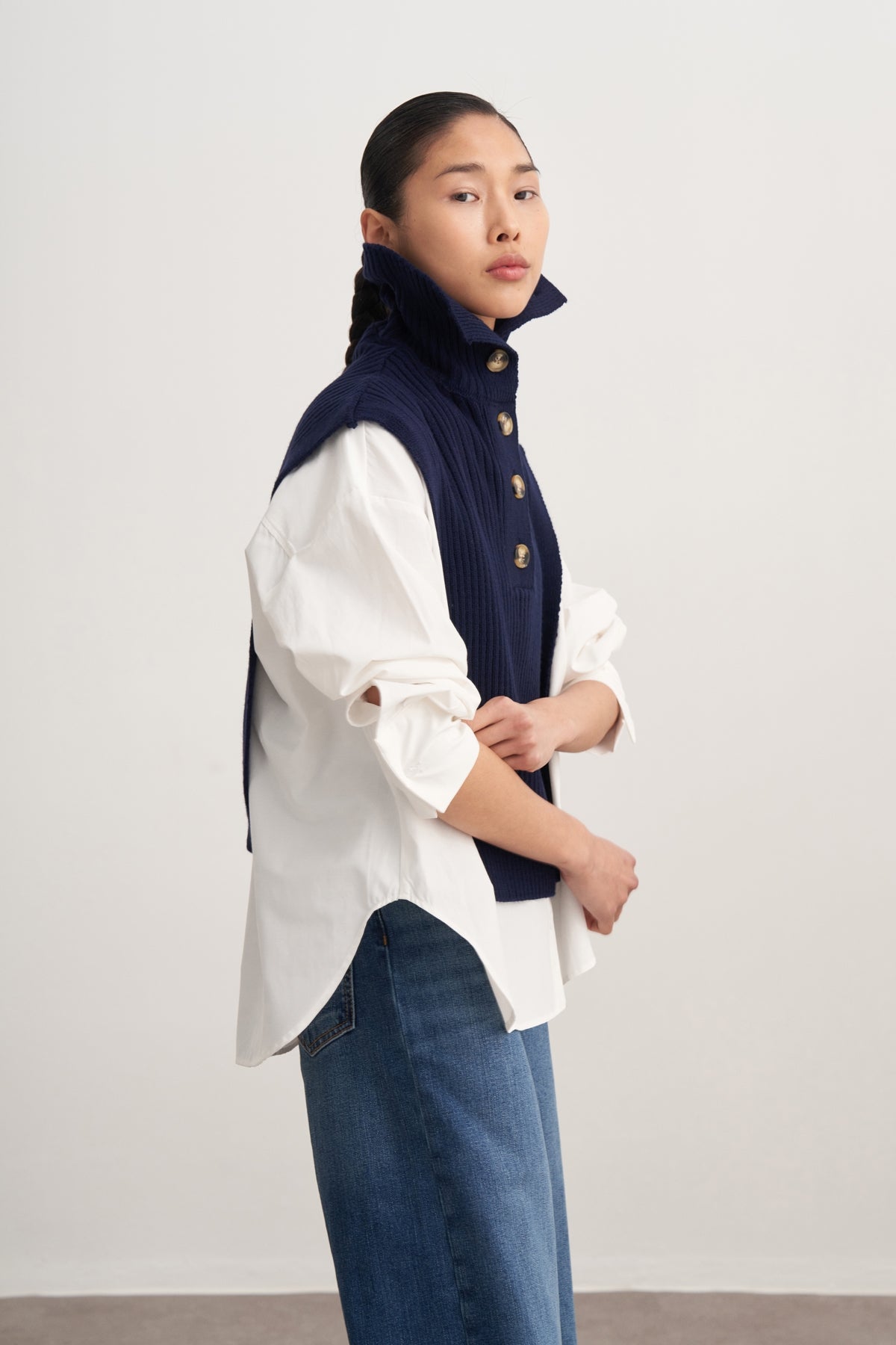 Kadın Düğmeli Triko Süveter Lacivert